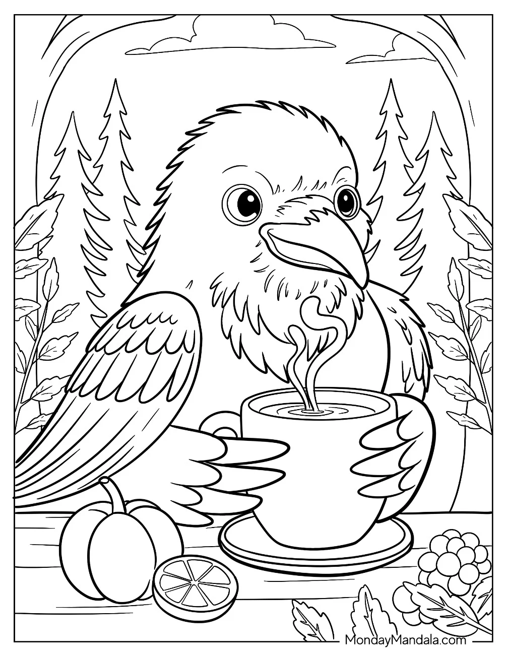 Smiling Raven Coloring Page Holding a Cup of Tea in the Forest coloring page
