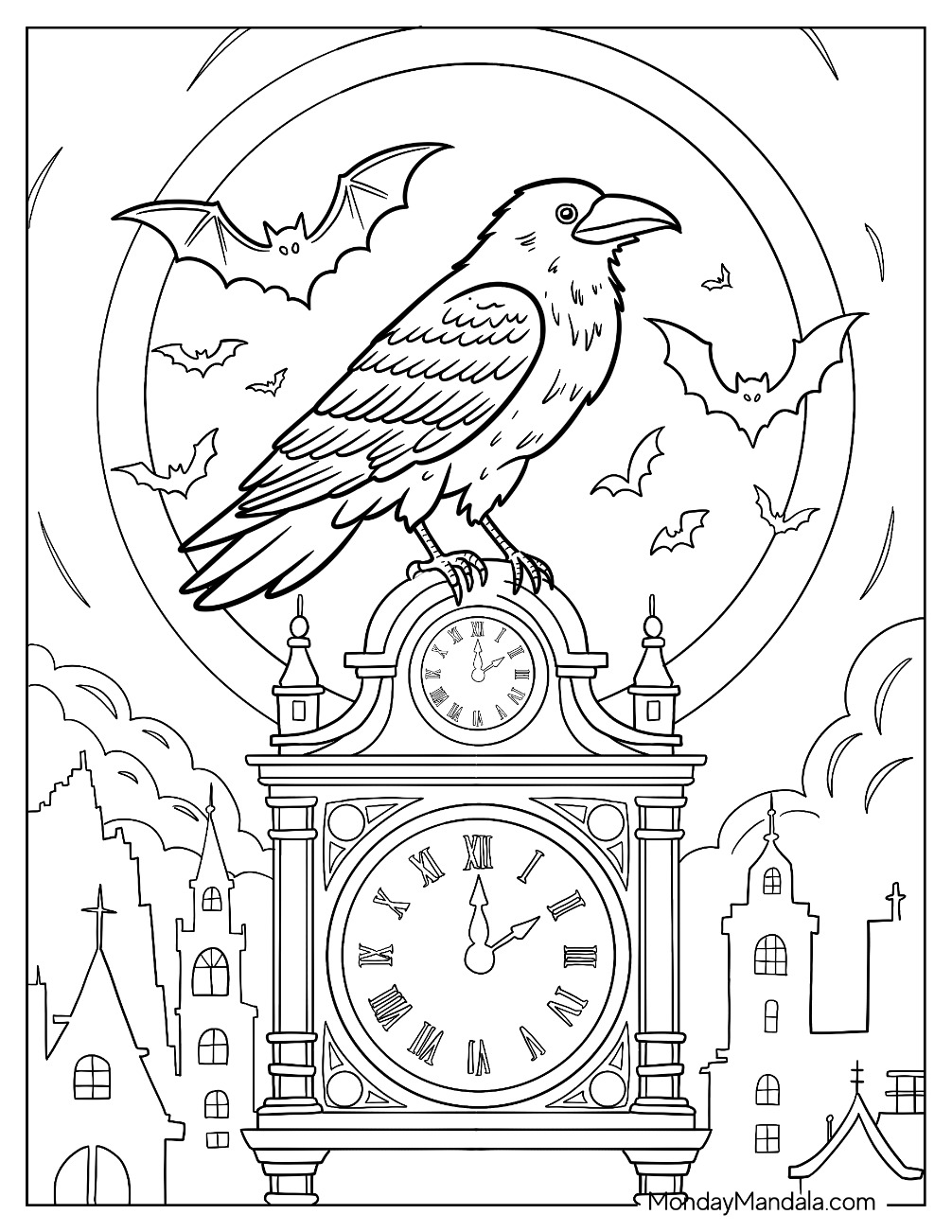 Vintage Grandfather s Clock With A Raven Coloring Page on Top coloring page