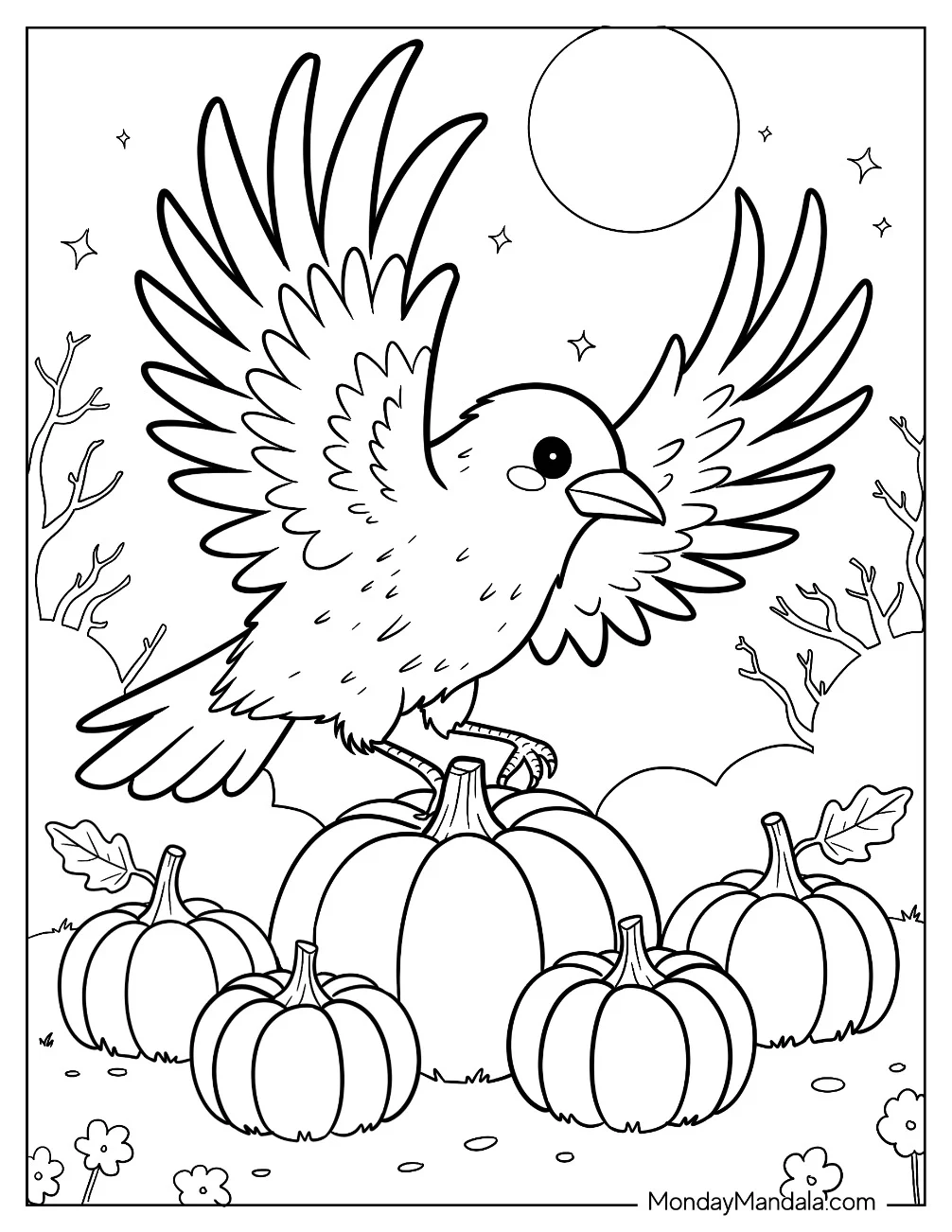 Young Raven Coloring Page Flying Above Autumn Pumpkins for Kids coloring page
