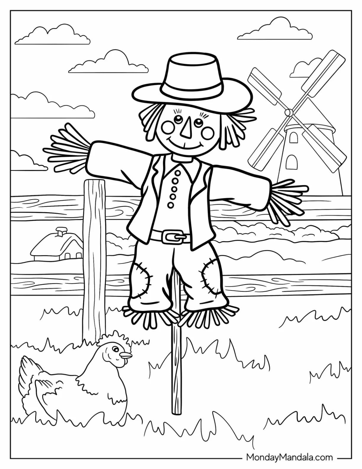Cute Scarecrow Coloring Page With A Windmill At The Back coloring page
