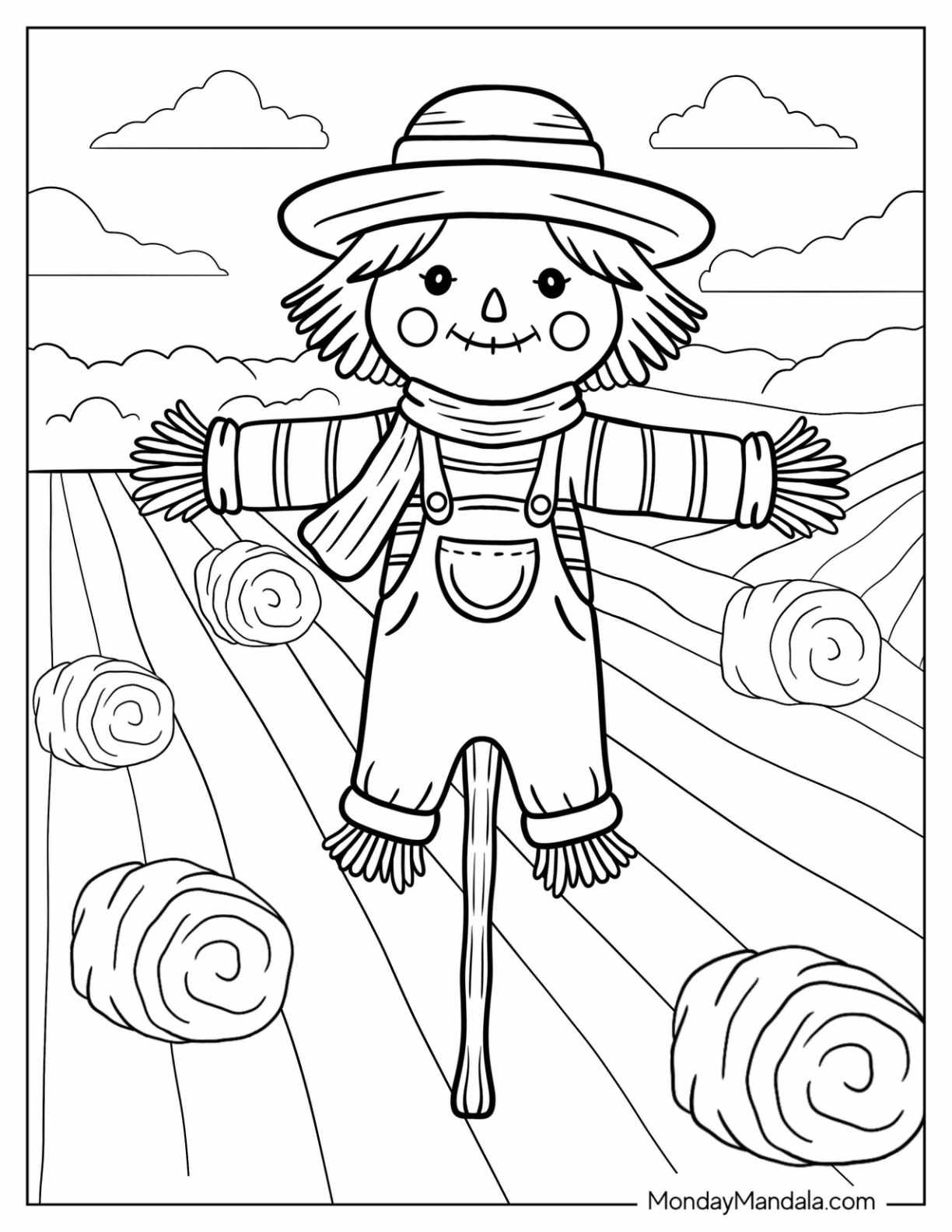 Cute Scarecrow Coloring Page With Hat And Overalls For Kids coloring page — printable line art