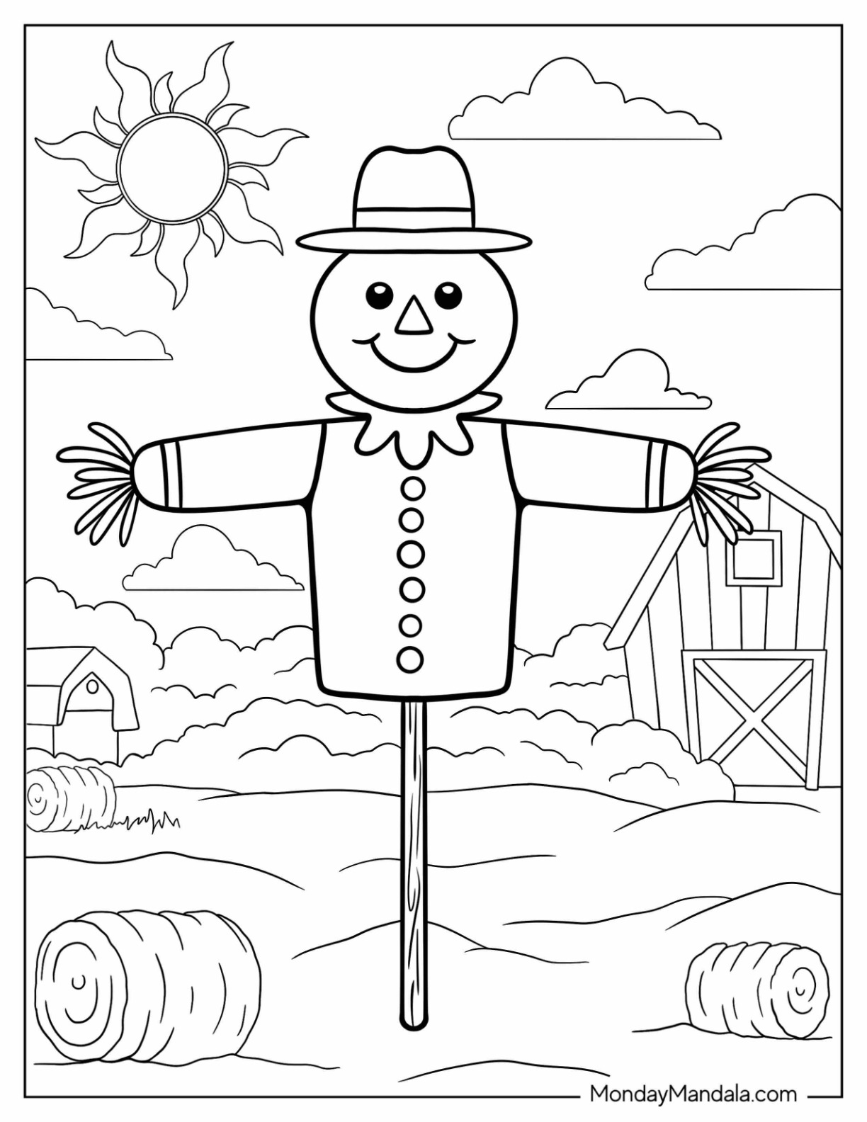 Easy Scarecrow Coloring Page Under The Sun For Preschoolers coloring page — printable line art
