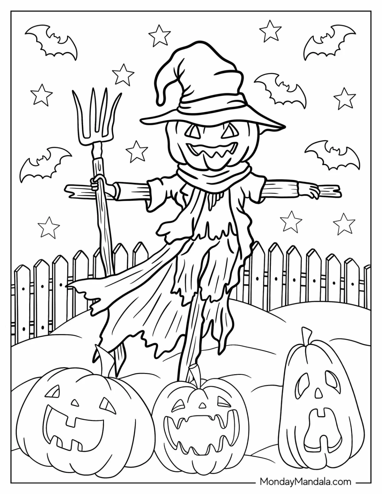 Halloween Scarecrow Coloring Page Holding A Digging Fork coloring page — printable line art