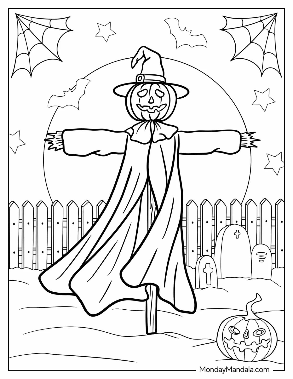 Halloween Scarecrow Coloring Page With A Long Cape coloring page — printable line art
