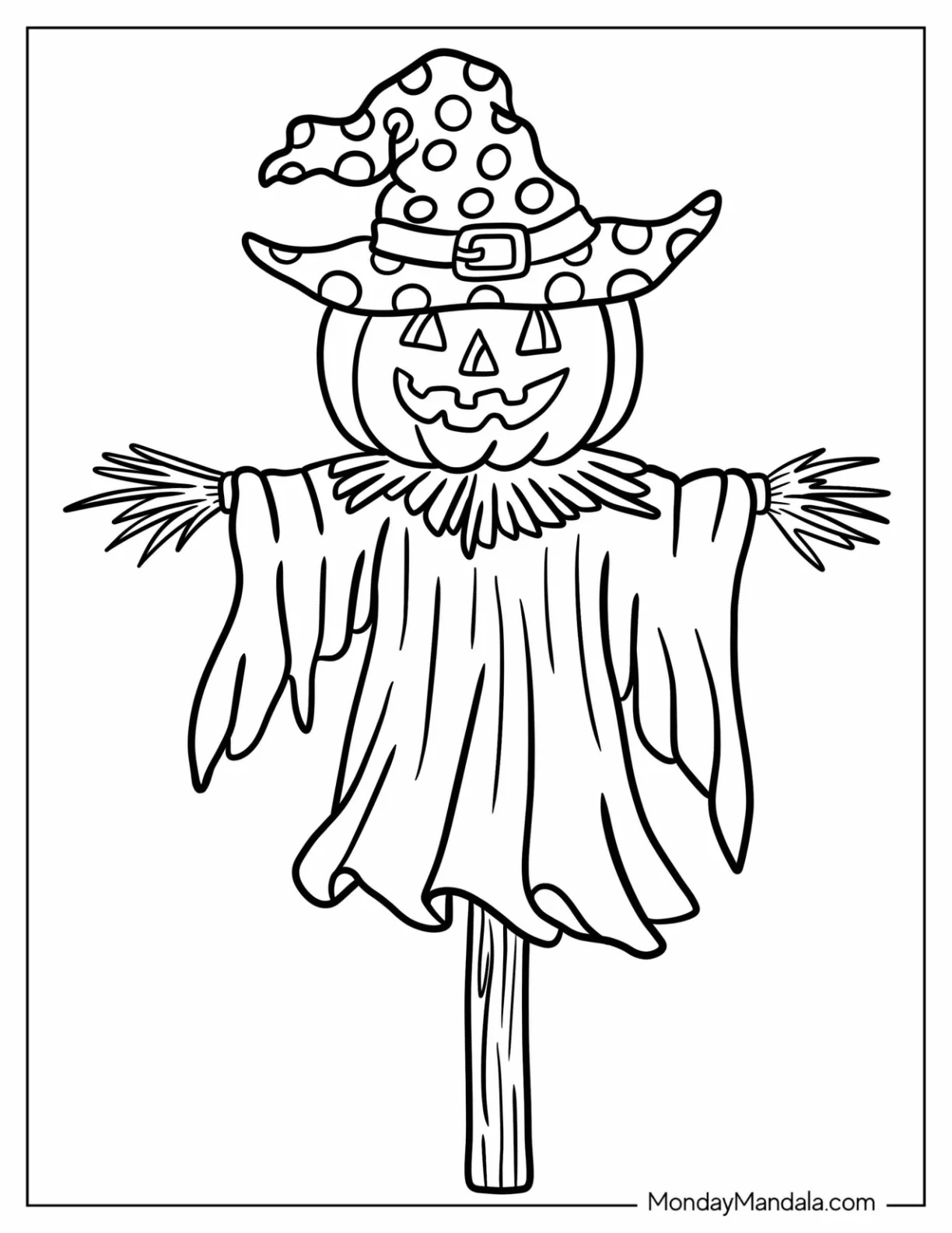 Jack O Lantern Scarecrow Coloring Page Wearing A Polka Dot Witch Hat coloring page