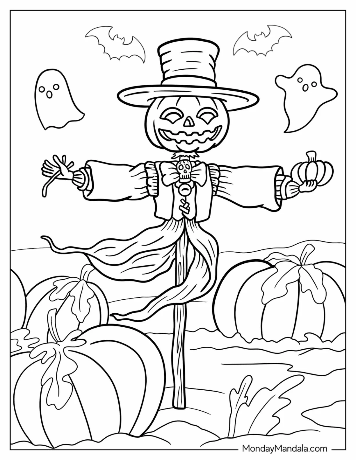 Jack O Lantern Scarecrow Coloring Page With A Top Hat On Halloween coloring page