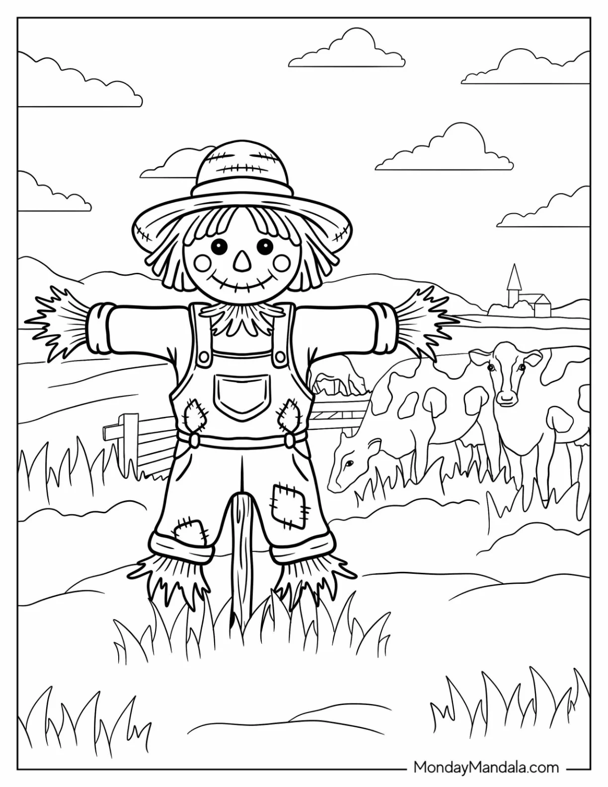 Kawaii Little Scarecrow Coloring Page On A Farm Field For Kids coloring page