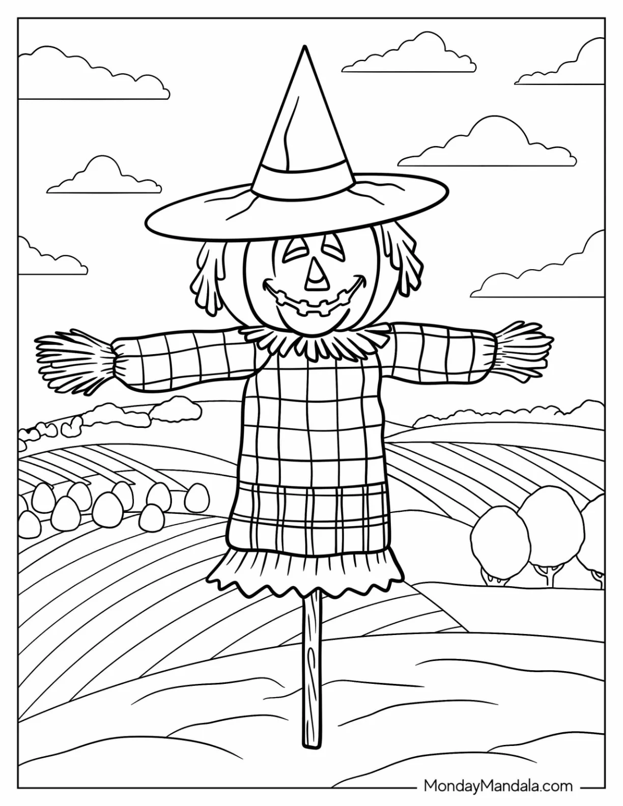 Pumpkin Head Scarecrow Coloring Page On A Vast Field coloring page