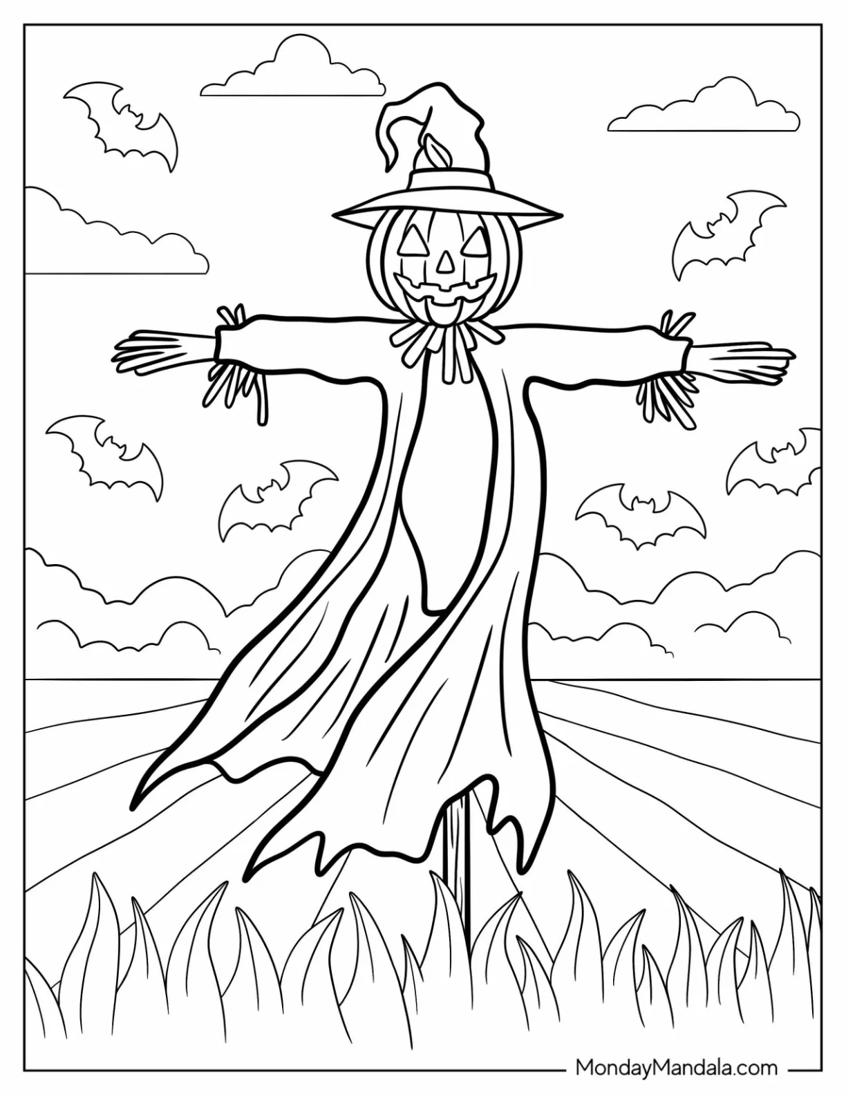 Scarecrow Coloring Page With Jack Lantern Head For Kids coloring page