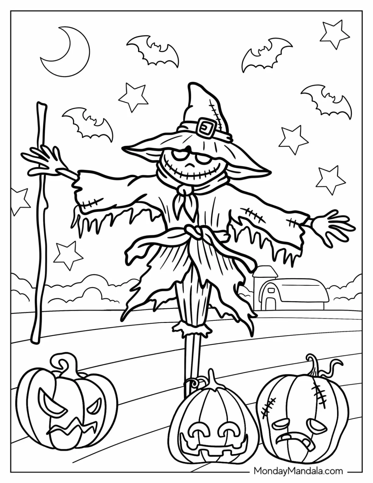 Scary Scarecrow Coloring Page Surrounded By Jack O Lanterns And Bats coloring page