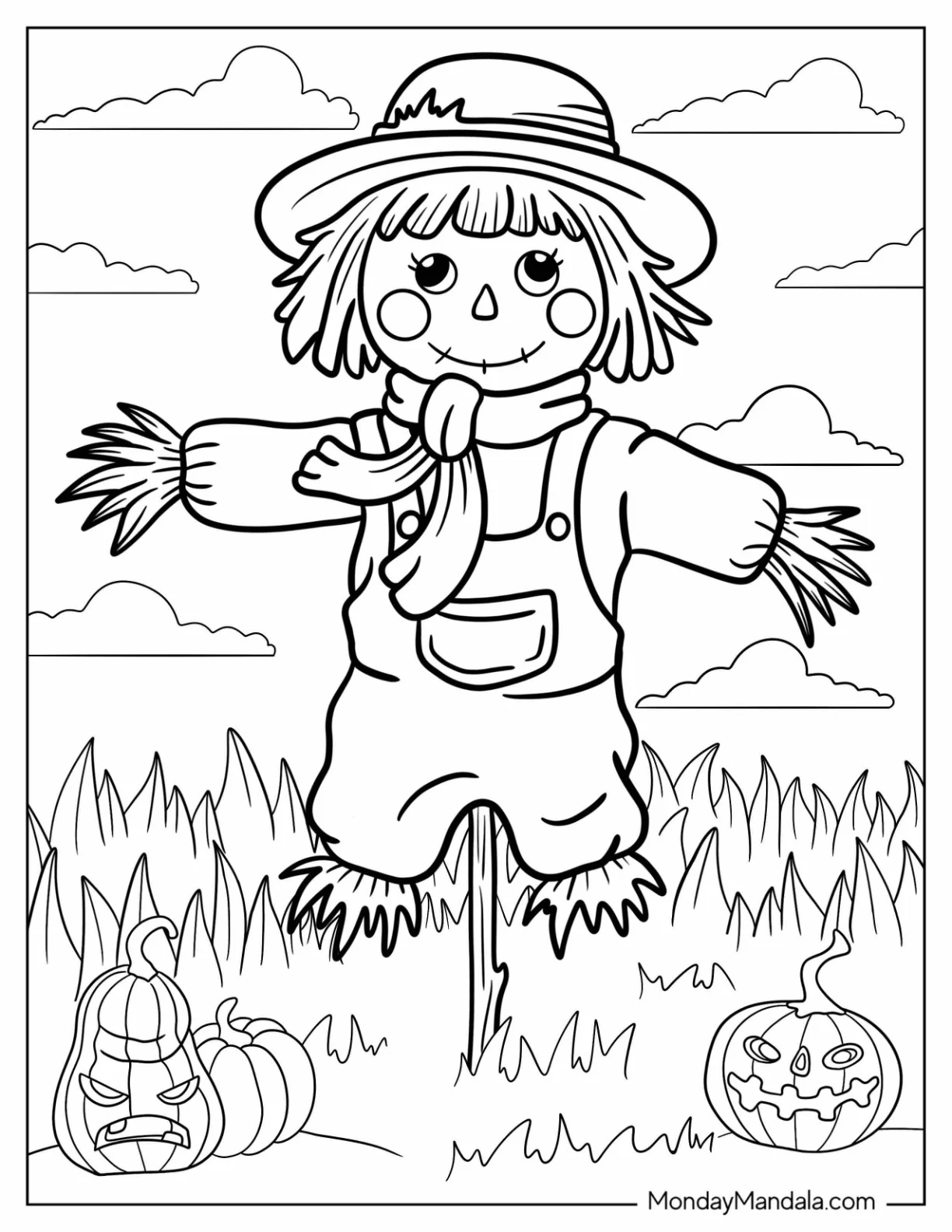 Smiling Scarecrow Coloring Page In The Field Wearing A Scarf coloring page