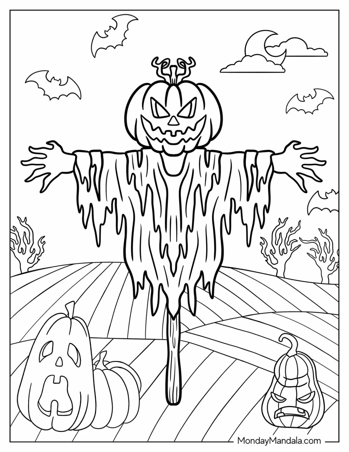 Terrifying Scarecrow Coloring Page With Tattered Clothes coloring page