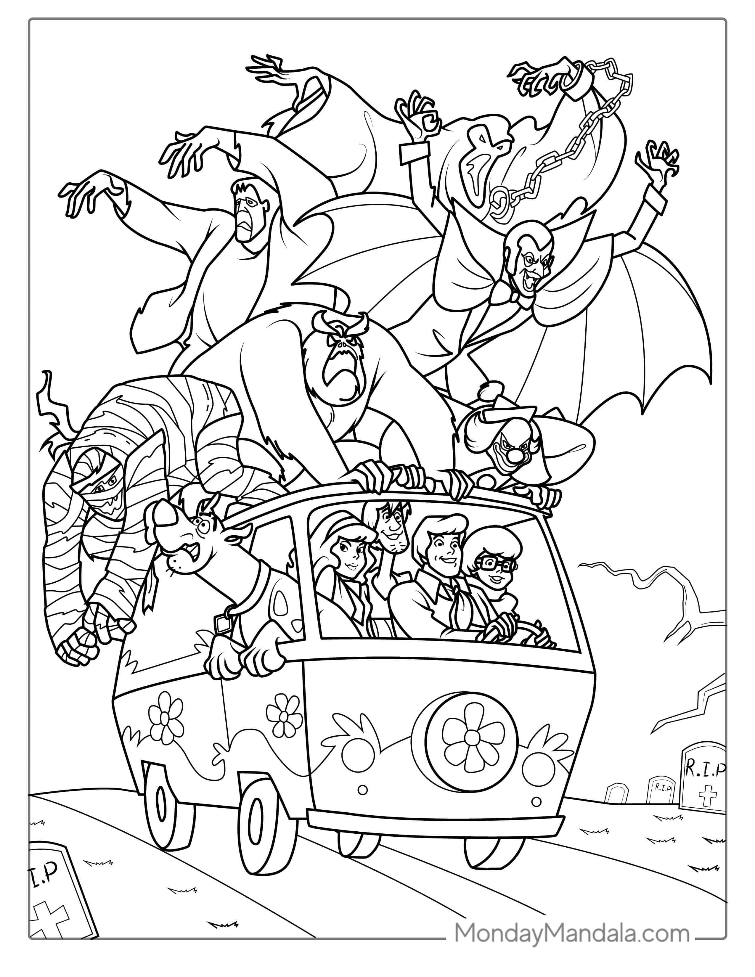 Scooby-Doo Gang Being Chased By Monster To Color coloring page
