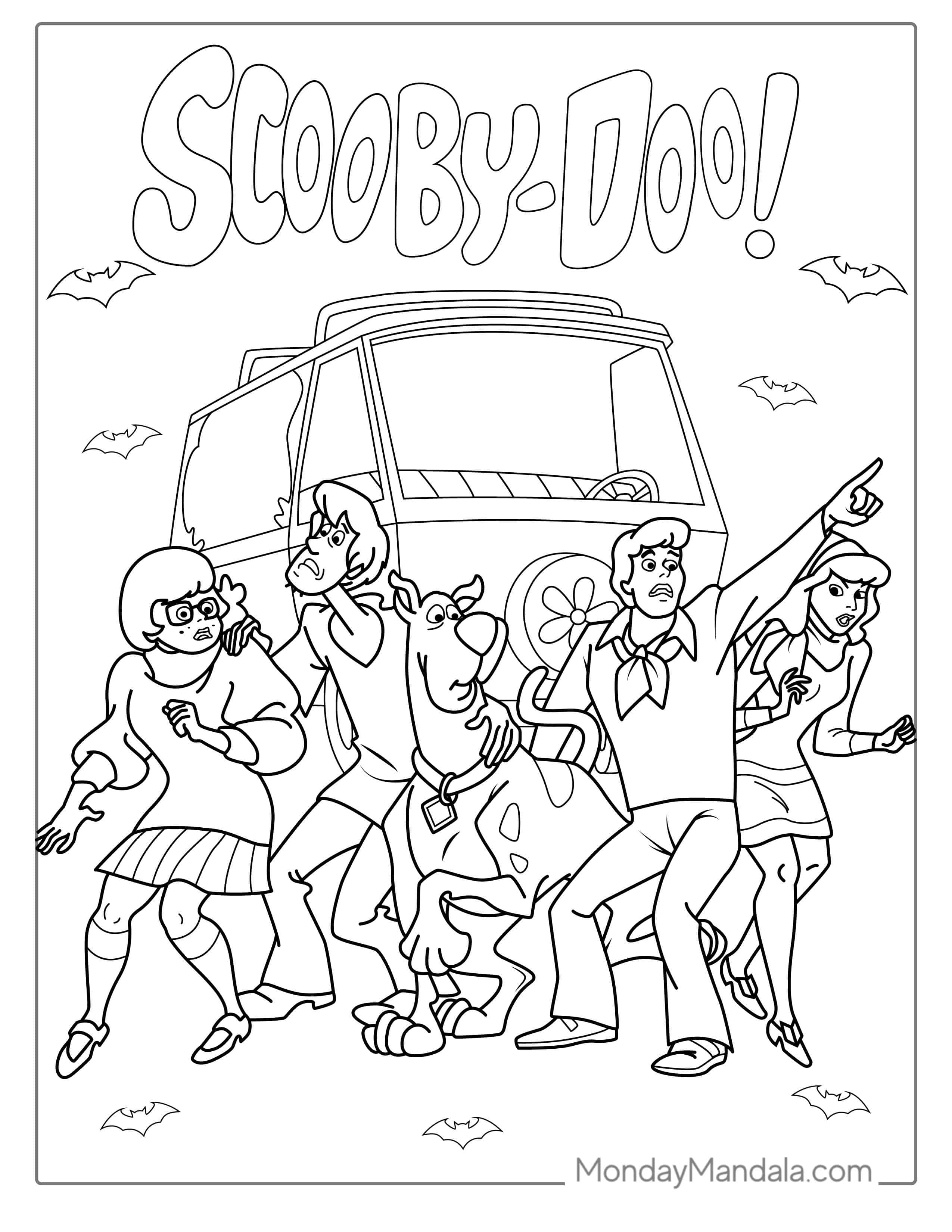 Scooby Gang With The Mystery Machine Coloring Page coloring page — printable line art