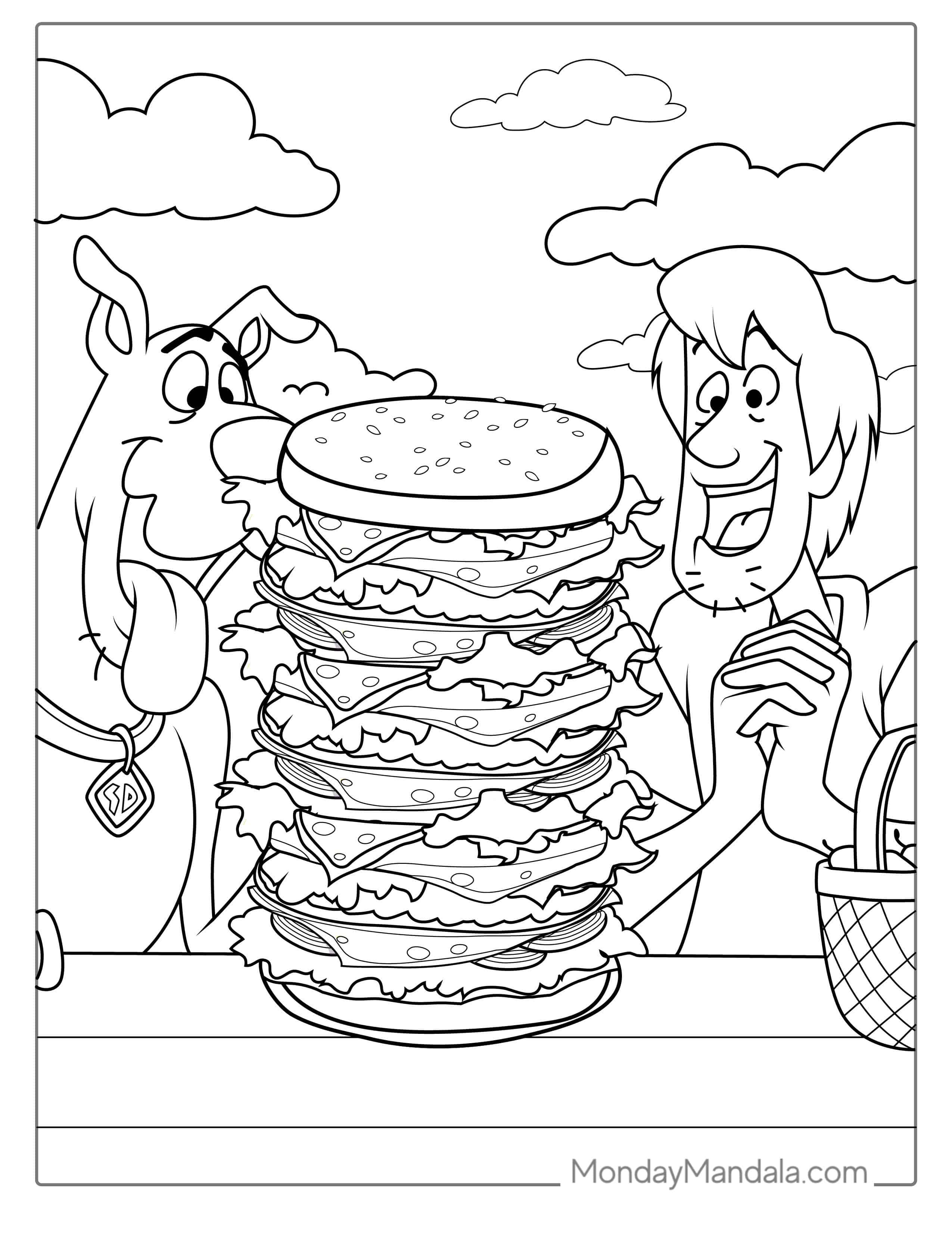 Shaggy And Scooby-Doo Looking At Burger To Eat coloring page — printable line art