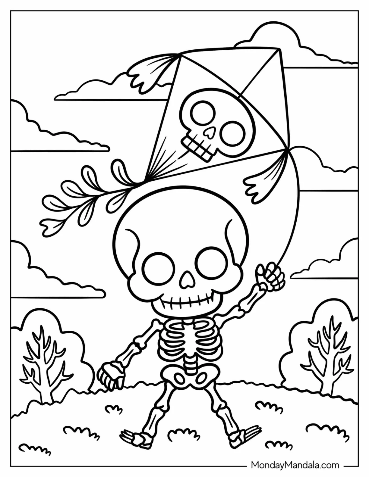 Cute Skeleton Coloring Page Flying a Skull Kite on a Breezy Day for Preschoolers coloring page