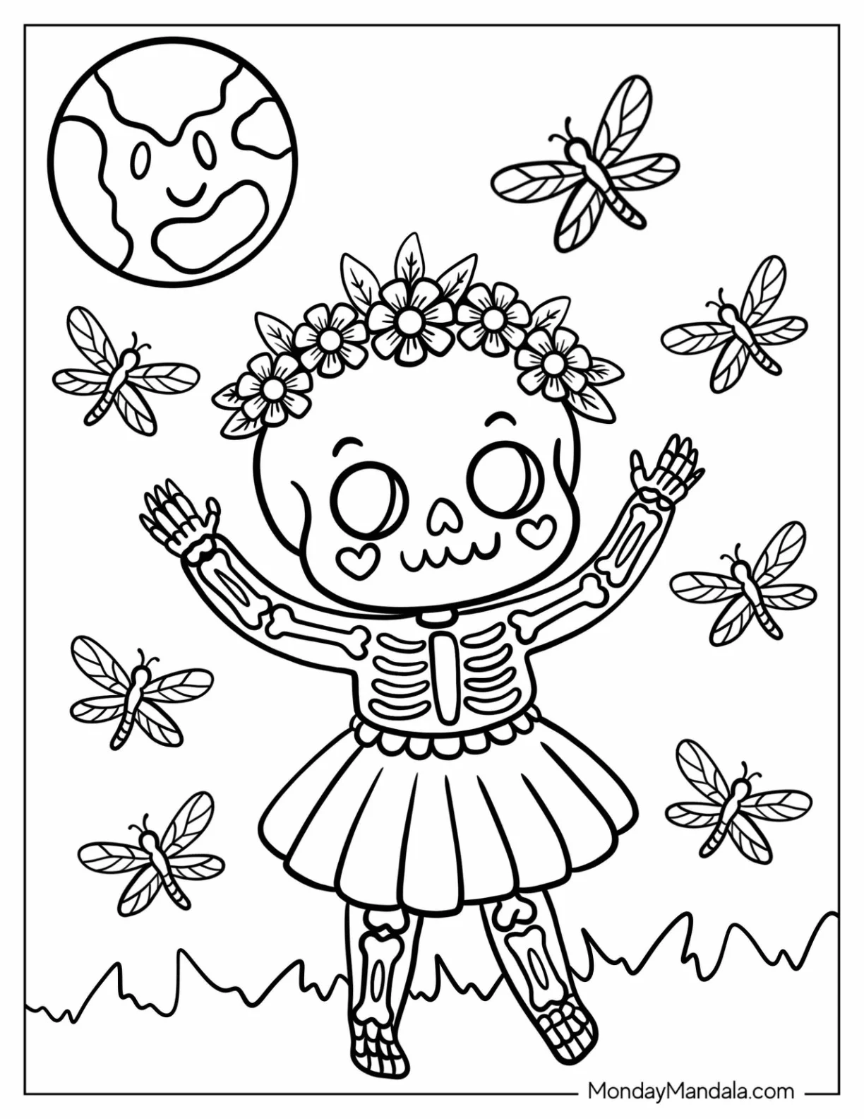 Dancing Skeleton Coloring Page Girl in a Tutu with Flower Crown and Fireflies for Kids coloring page