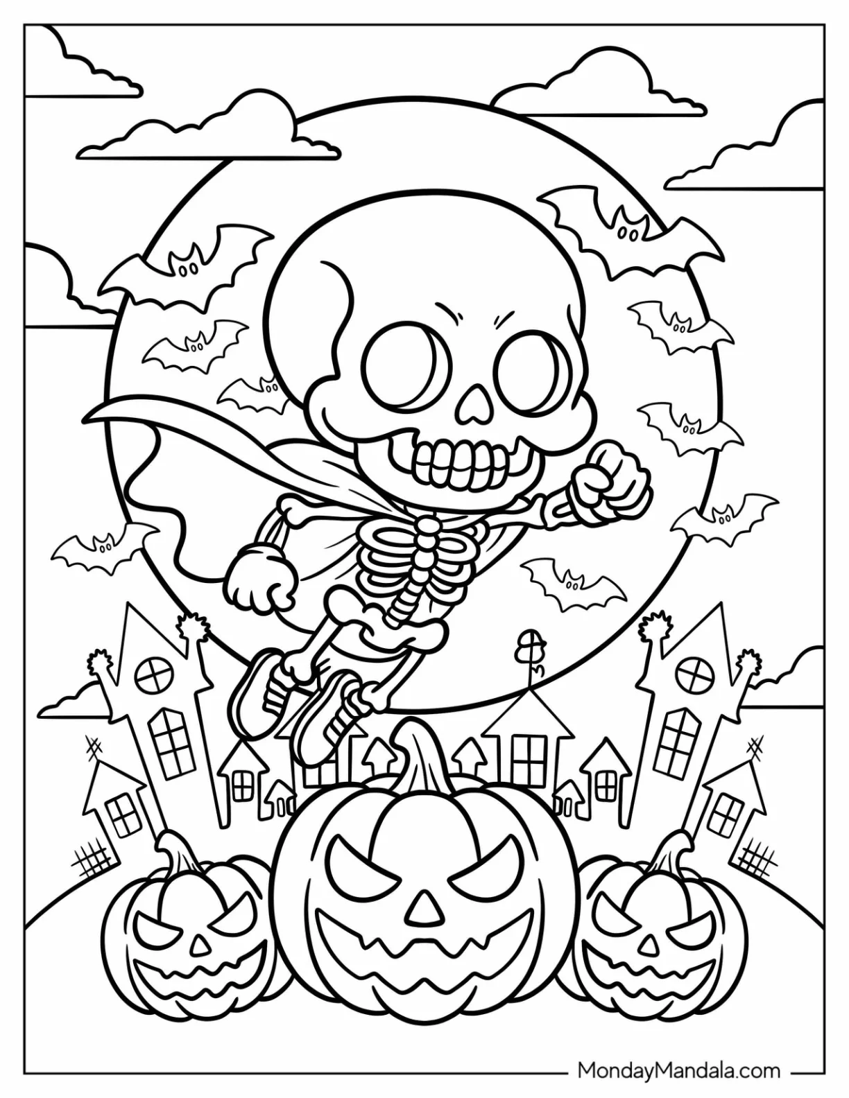 Flying Skeleton Coloring Page Hero with Pumpkins and Bats for Preschoolers coloring page