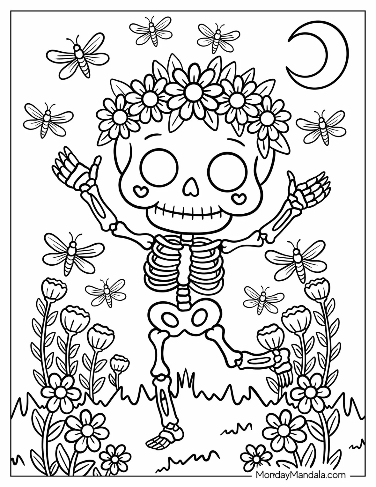 Happy Skeleton Coloring Page in a Flower Crown Dancing Among Dragonflie coloring page