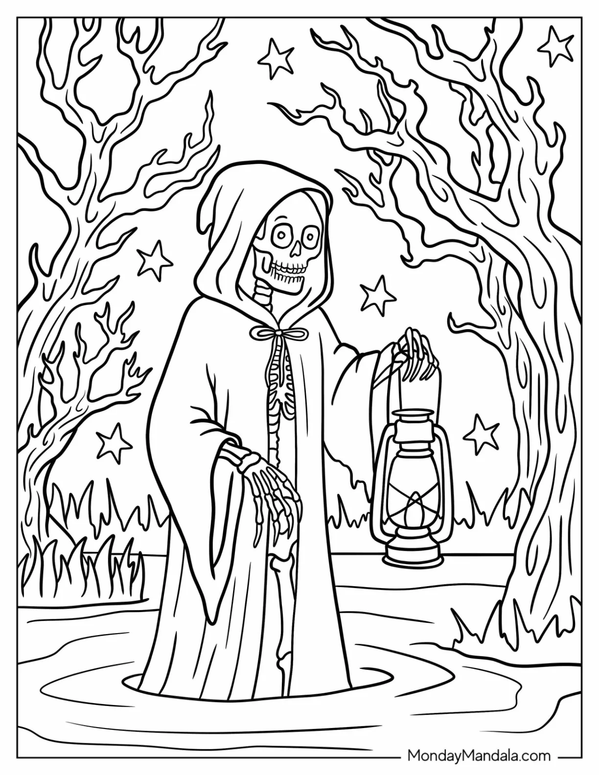 Hooded Skeleton Coloring Page with Lantern in Haunted Swamp for Kids coloring page — printable line art