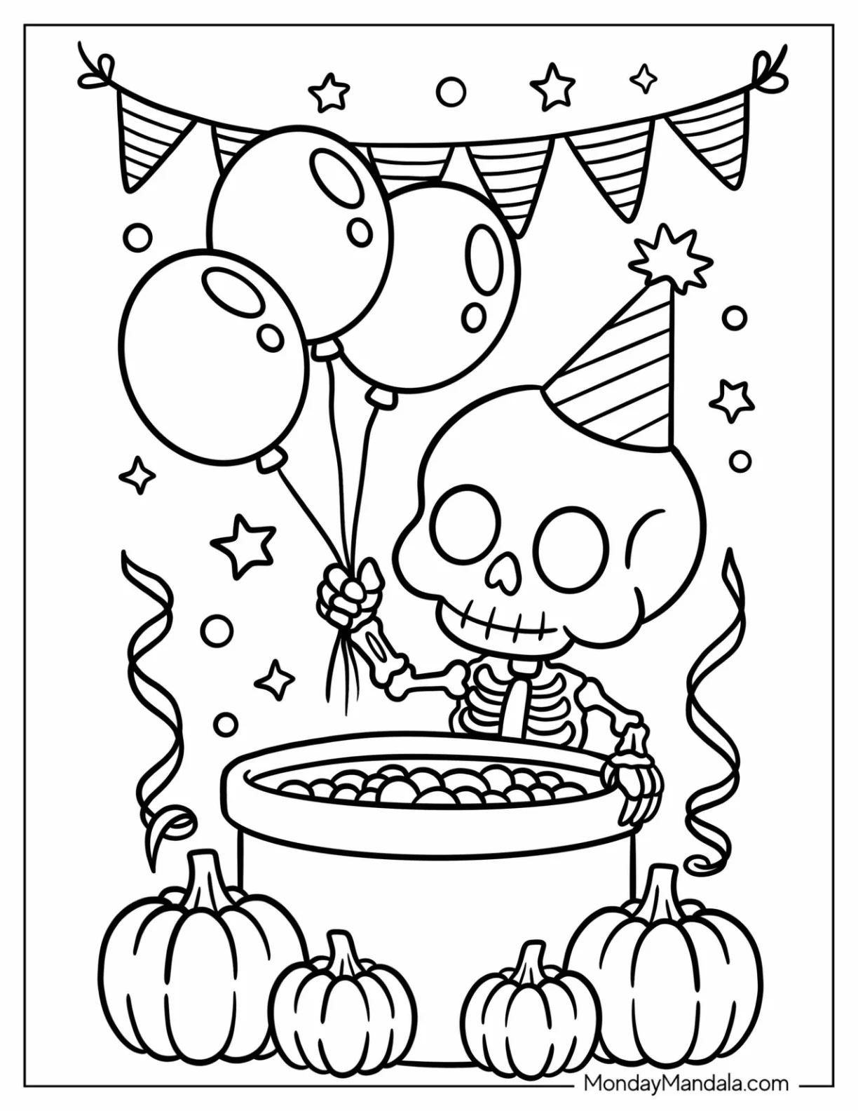 Kawaii Skeleton Coloring Page Birthday Party with Balloons and Pumpkins for Preschoolers coloring page — printable line art