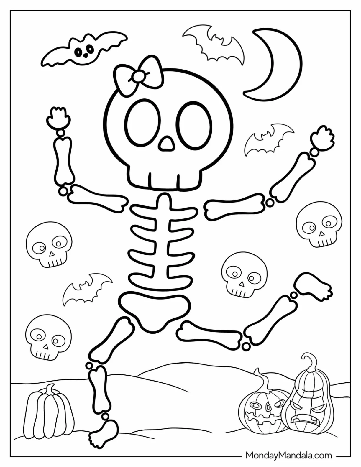 Kawaii Skeleton Coloring Page With Bow coloring page