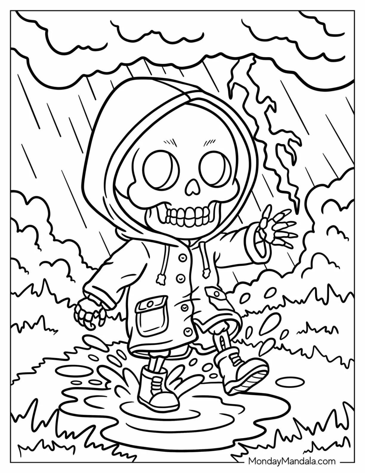 Little Skeleton Coloring Page Playing in a Rainstorm for Kids coloring page