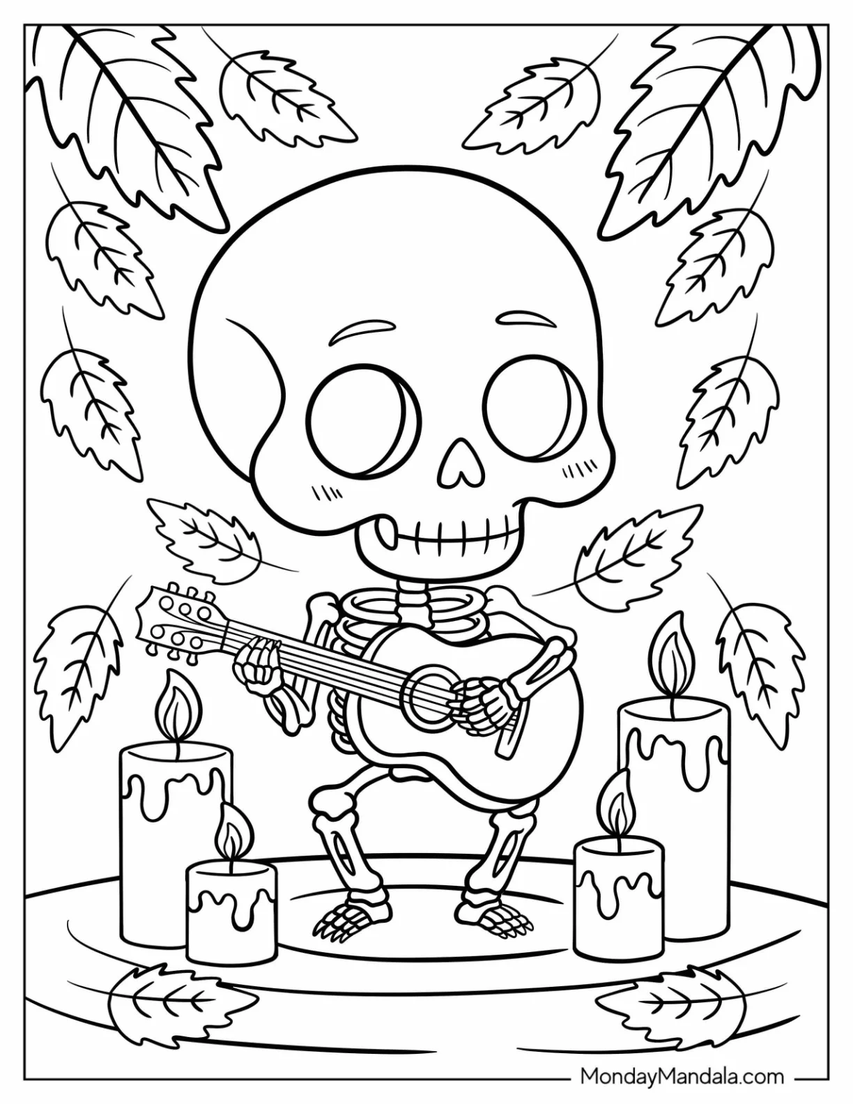 Musical Skeleton Coloring Page Playing Guitar by Candlelight for Preschoolers coloring page — printable line art