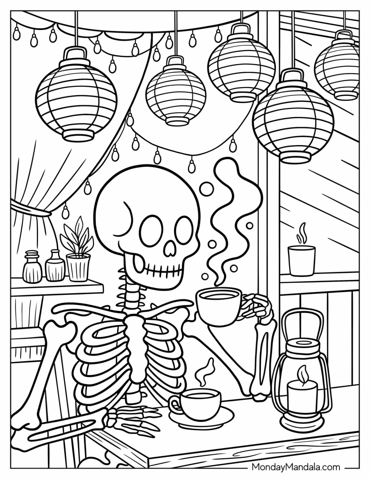 Peaceful Skeleton Coloring Page Drinking Coffee in a Cozy Café with Hanging Lanterns coloring page — printable line art