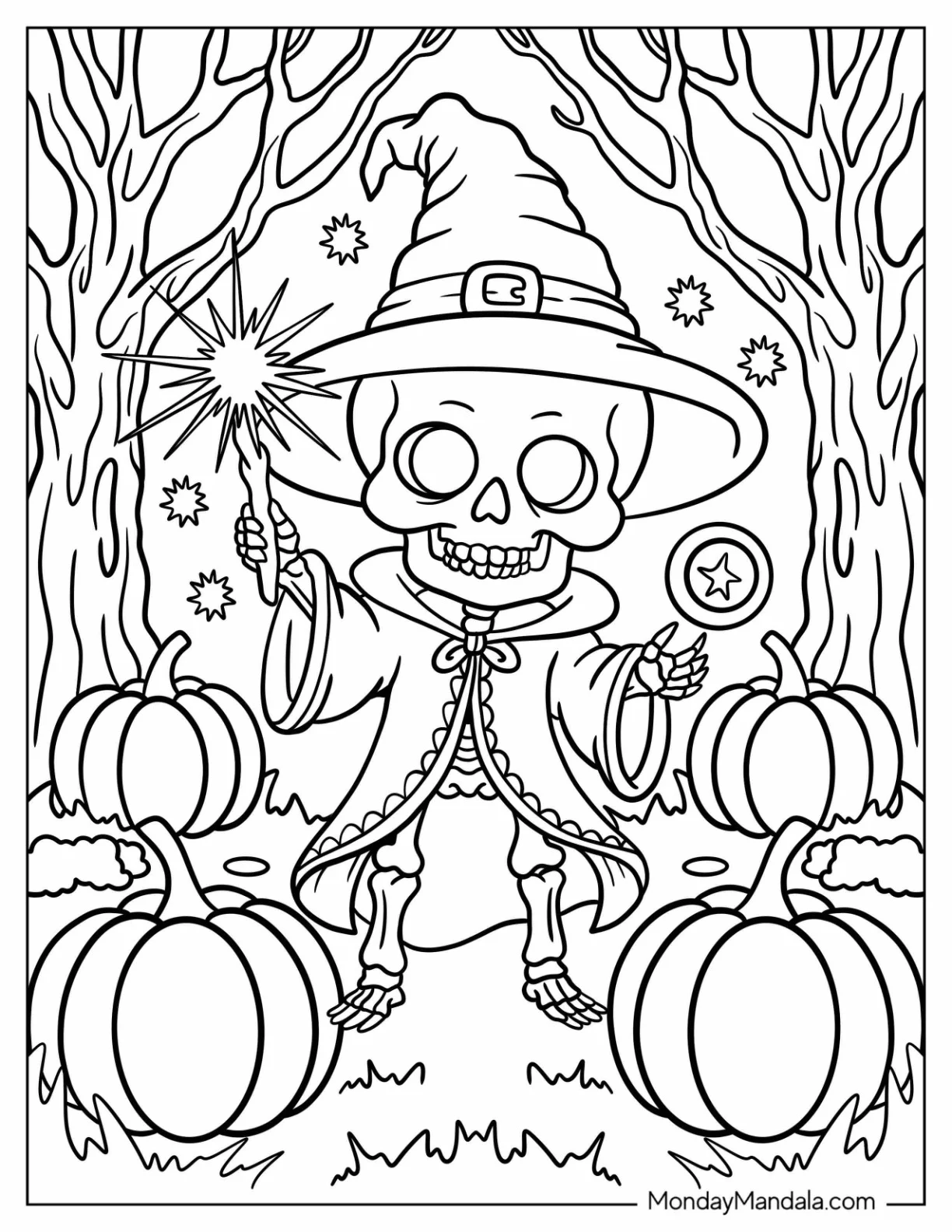 Playful Skeleton Coloring Page Wizard Casting Spells in a Pumpkin Grove for Kids coloring page — printable line art