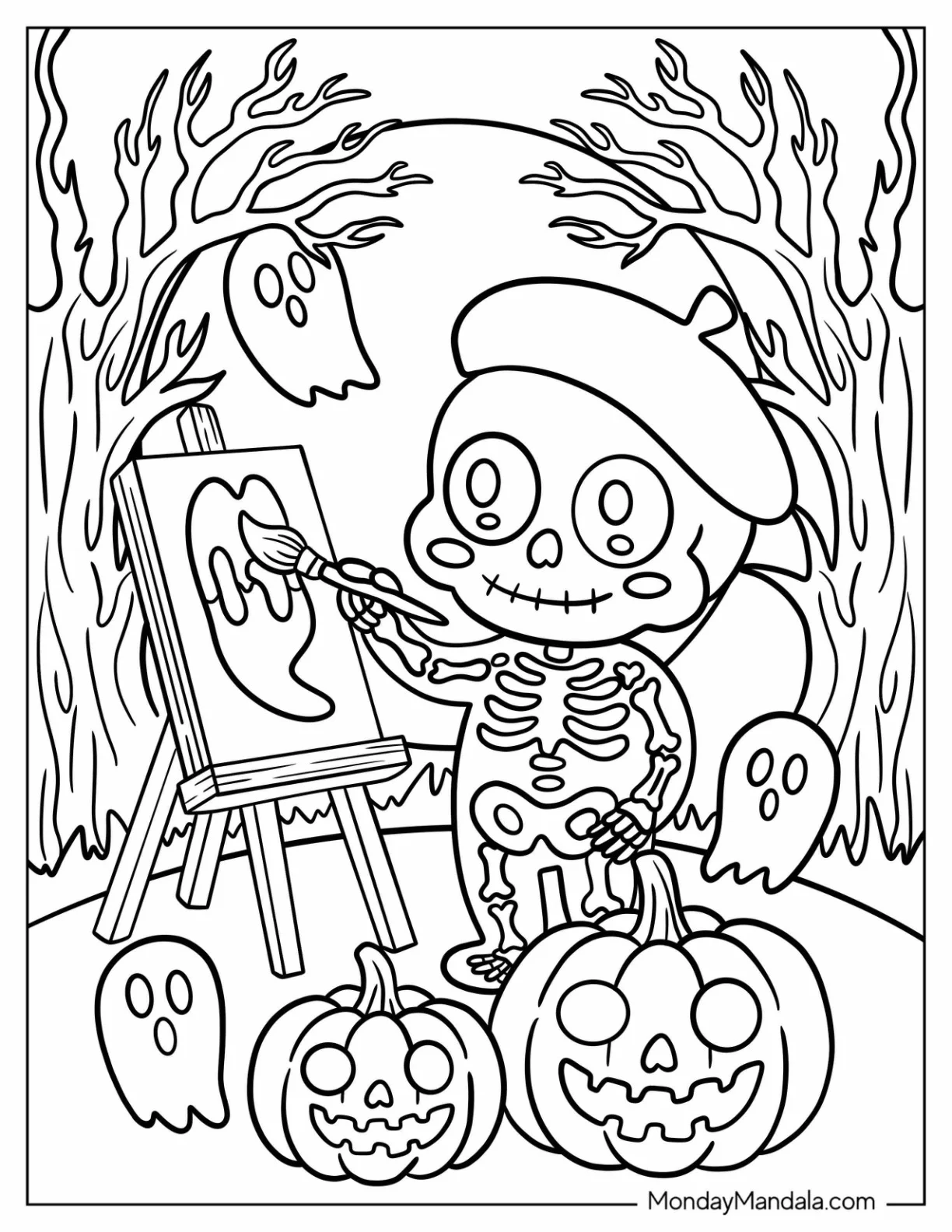 Skeleton Coloring Page Artist Painting in a Haunted Pumpkin Patch coloring page — printable line art