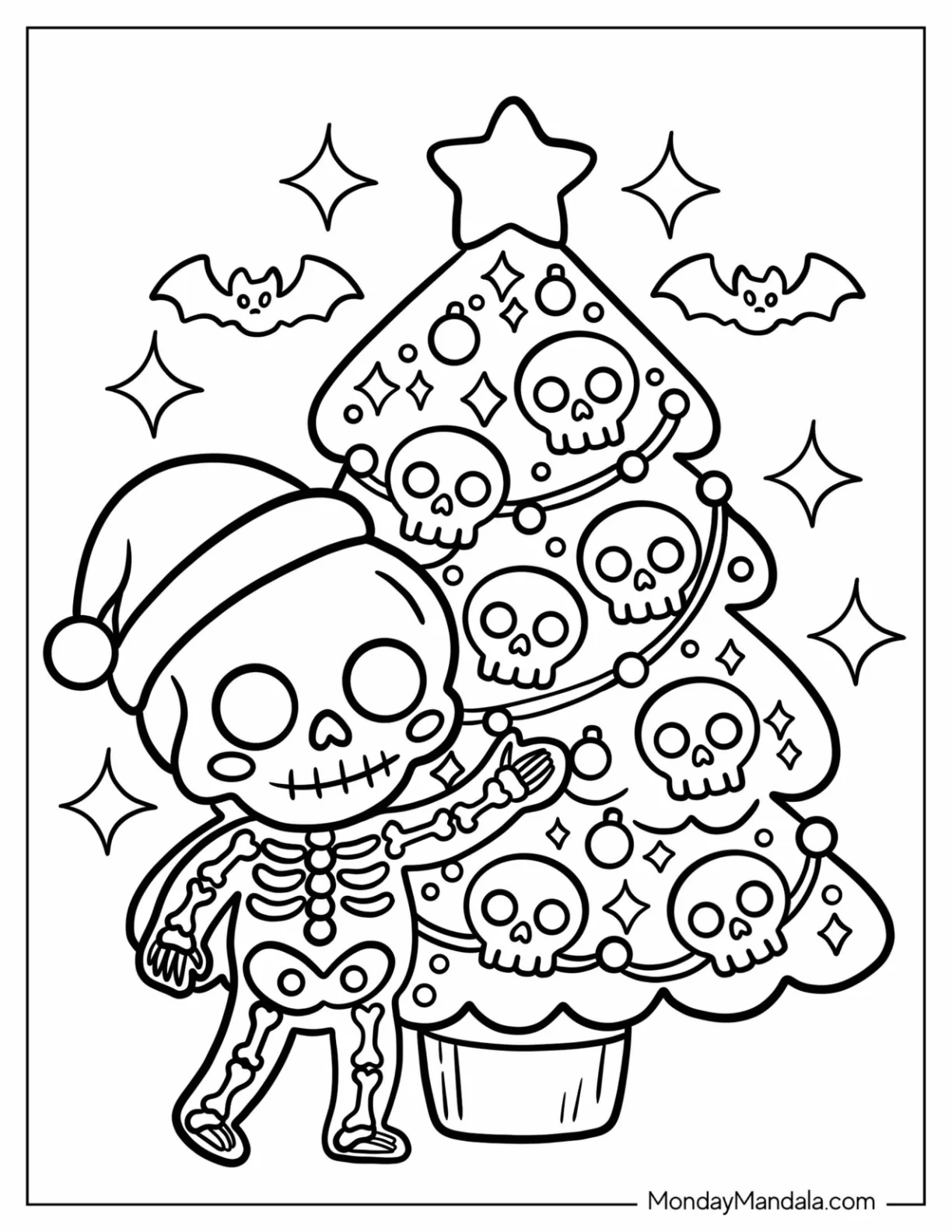 Skeleton Coloring Page Decorating a Skull Themed Christmas Tree for Kids coloring page — printable line art