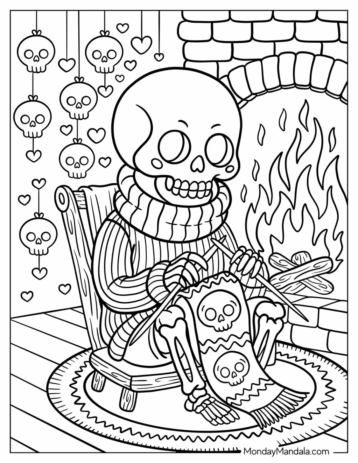 Skeleton Coloring Page in a Cabin Knitting Halloween Blankets Near a Fireplace coloring page — printable line art