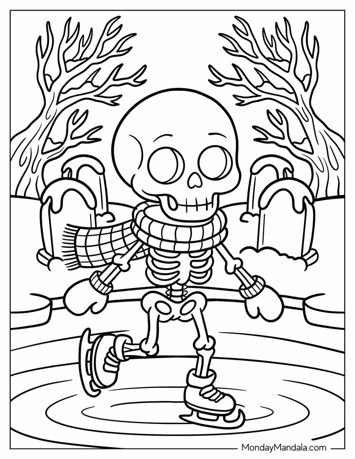 Skeleton Coloring Page in a Plaid Scarf Skating in a Snowy Graveyard coloring page — printable line art