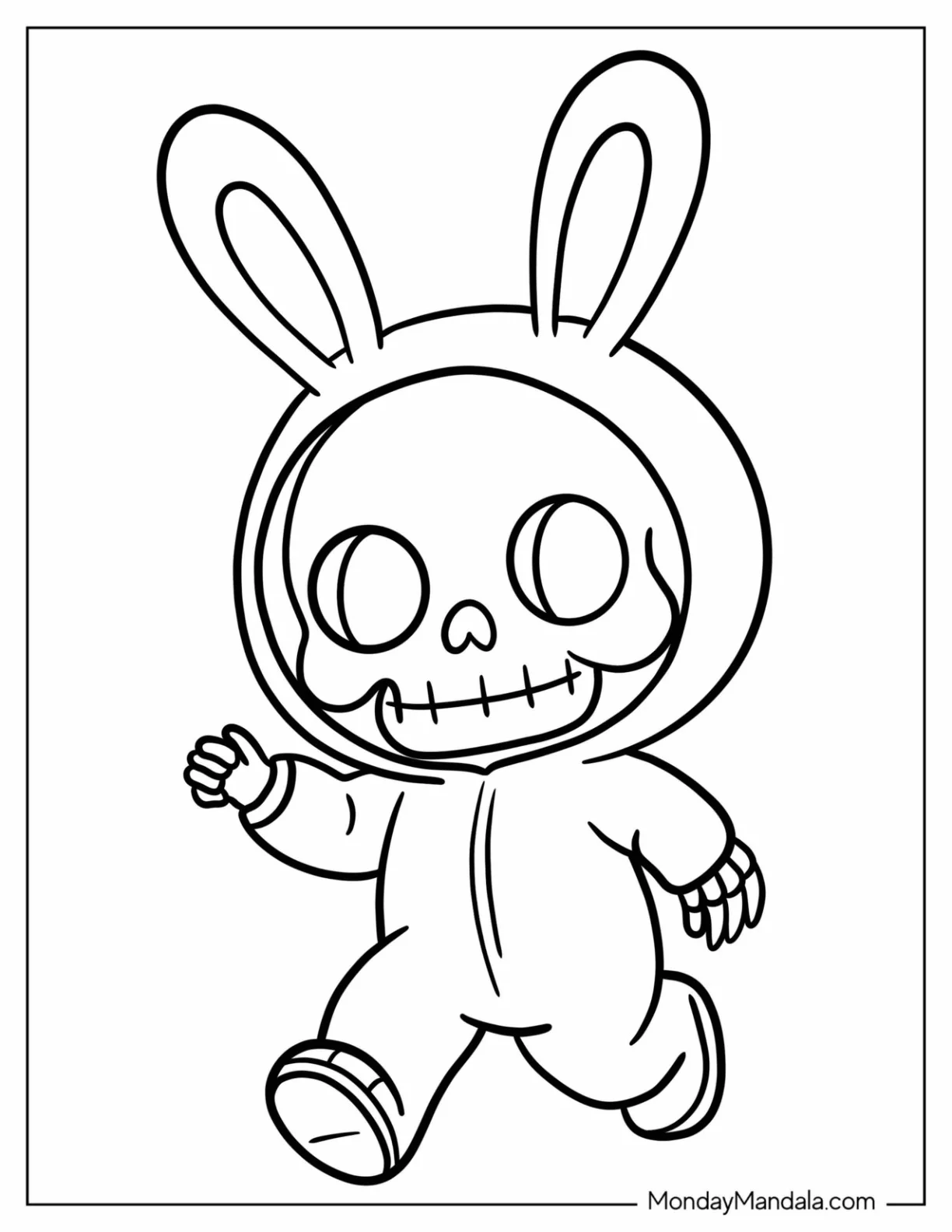 Skeleton Coloring Page Kid in Bunny Costume for Kids coloring page — printable line art