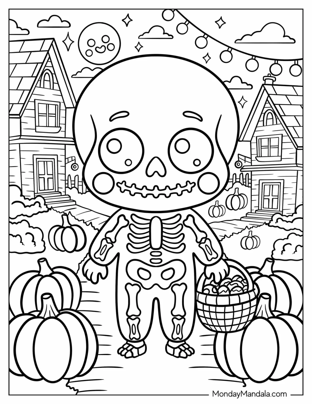 Skeleton Coloring Page Kid Trick or Treating in a Haunted Village for Kids coloring page