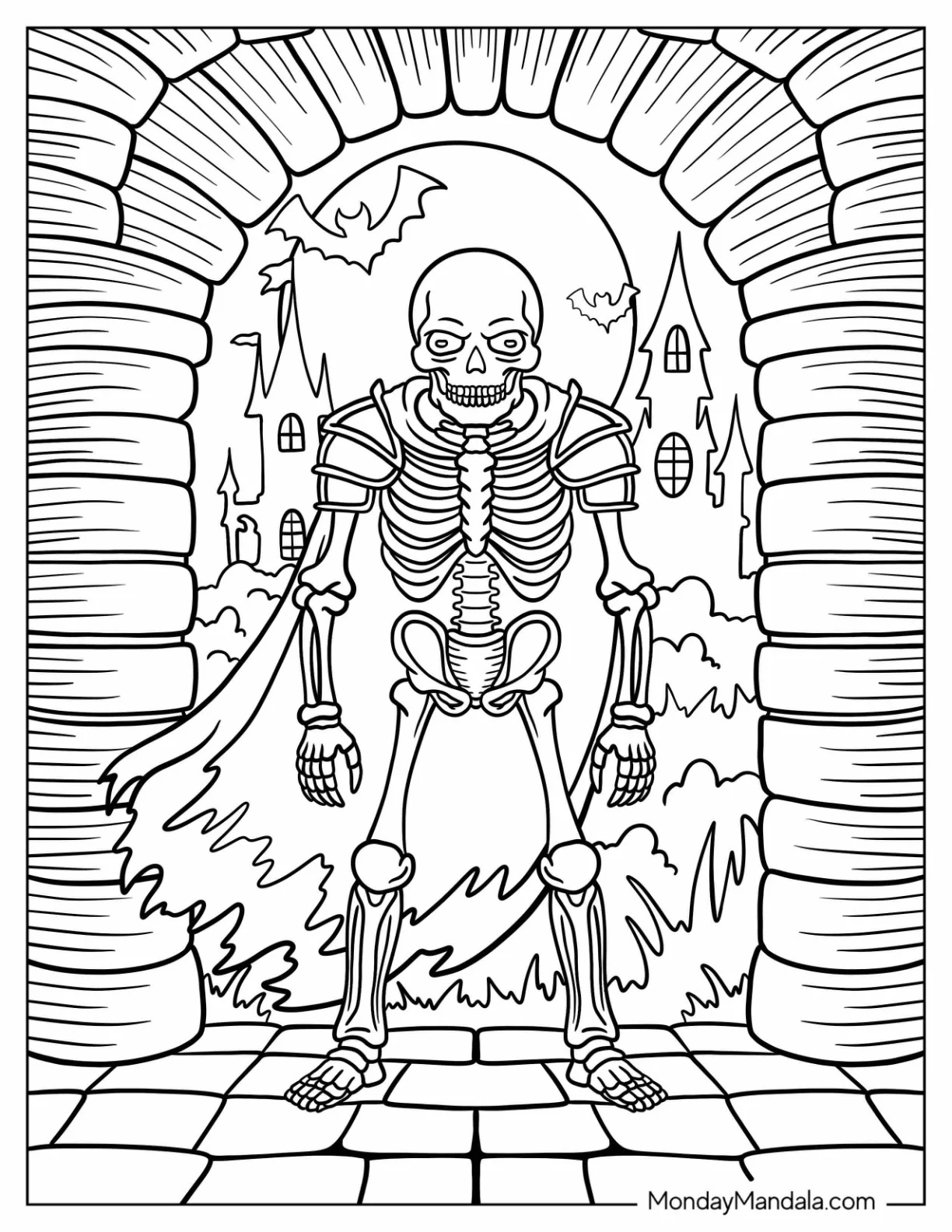 Skeleton Coloring Page Knight in Armor at Castle Gate coloring page