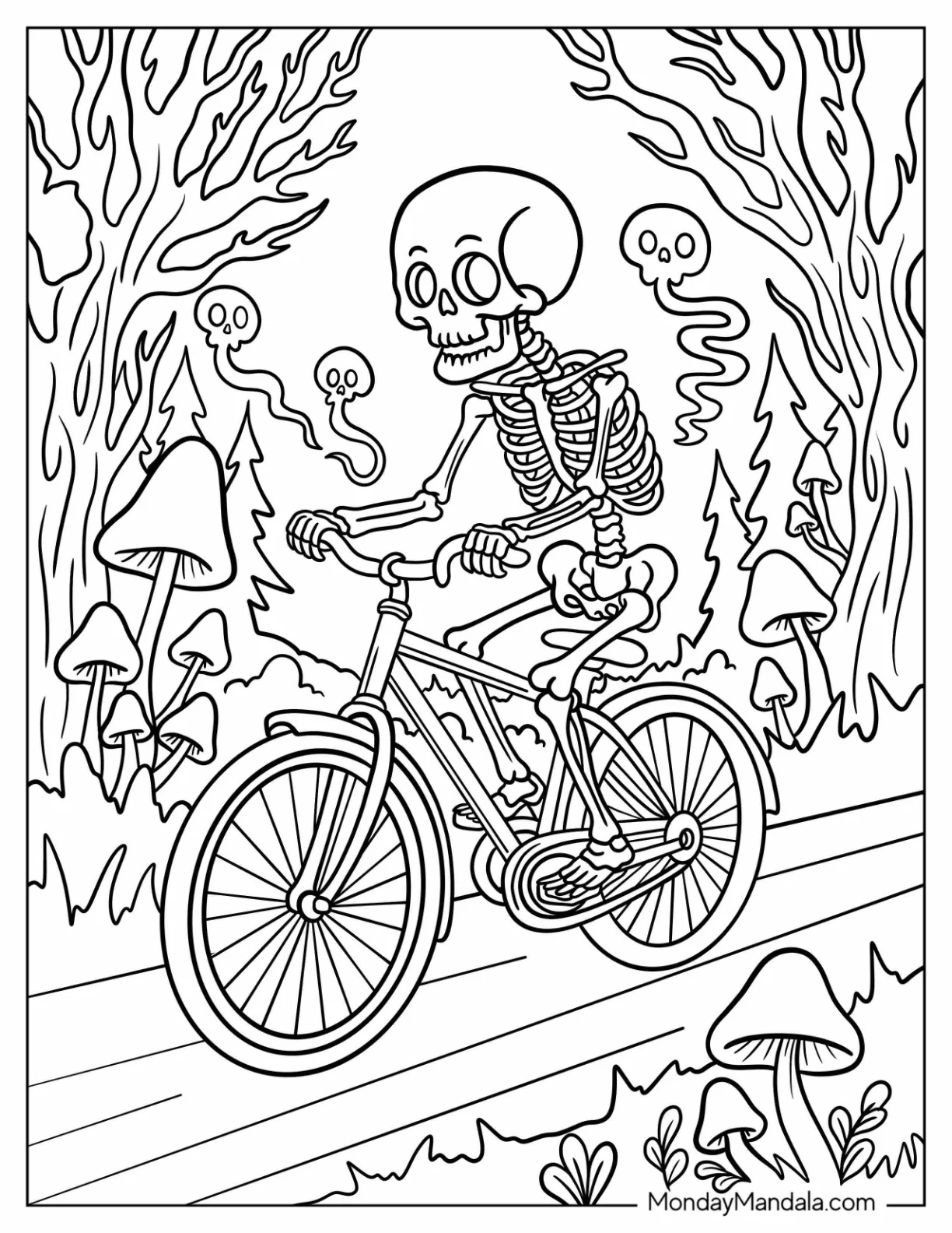 Skeleton Coloring Page Riding a Bicycle Through a Spooky Forest coloring page