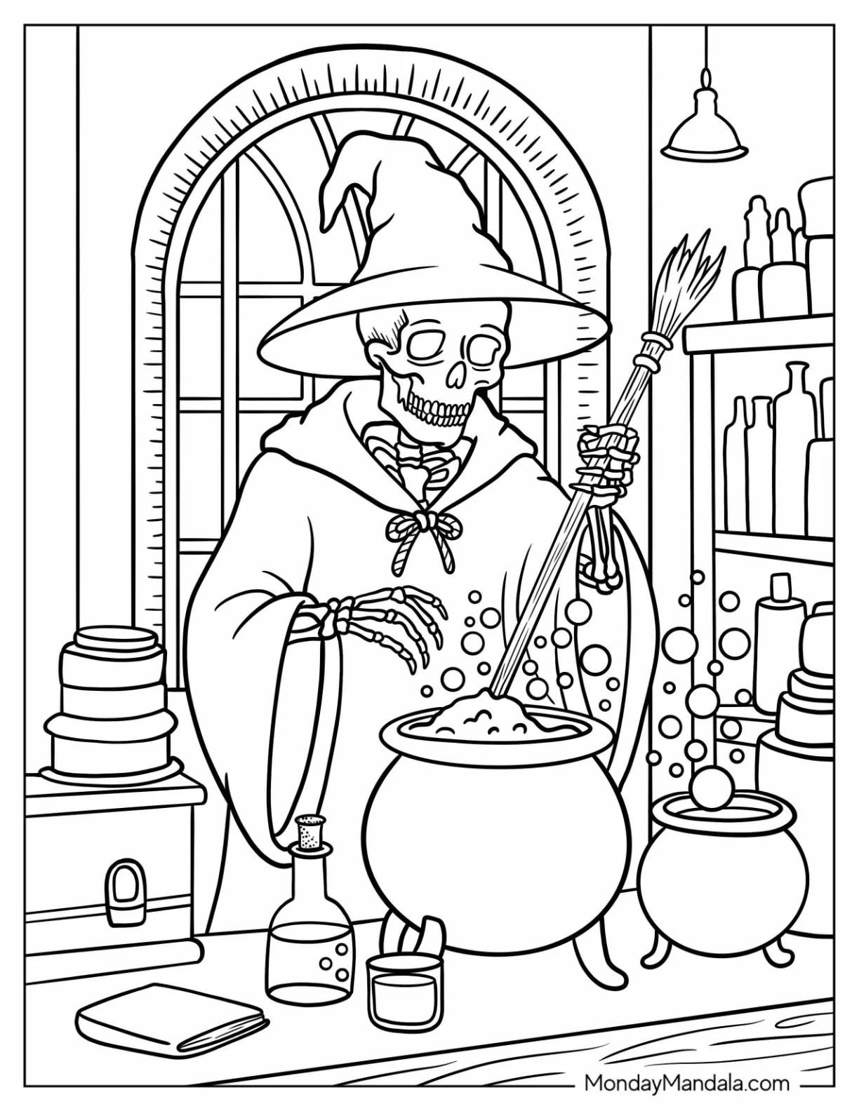 Skeleton Coloring Page Wizard Stirring a Magic Cauldron coloring page — printable line art