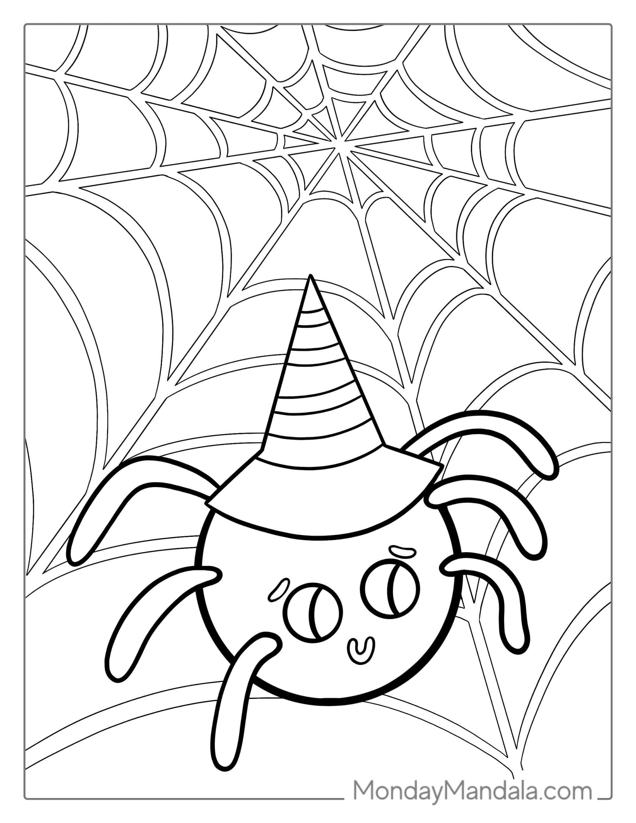 Outline Of Spider On Web Wearing Witches Hat coloring page — printable line art