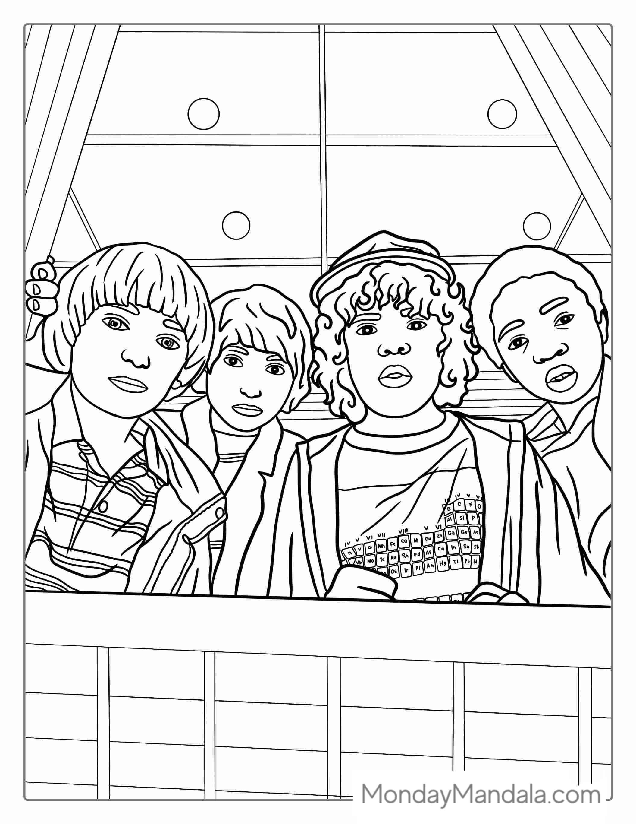 Coloring Sheet Of Dustin, Lucus, Will and Mike coloring page