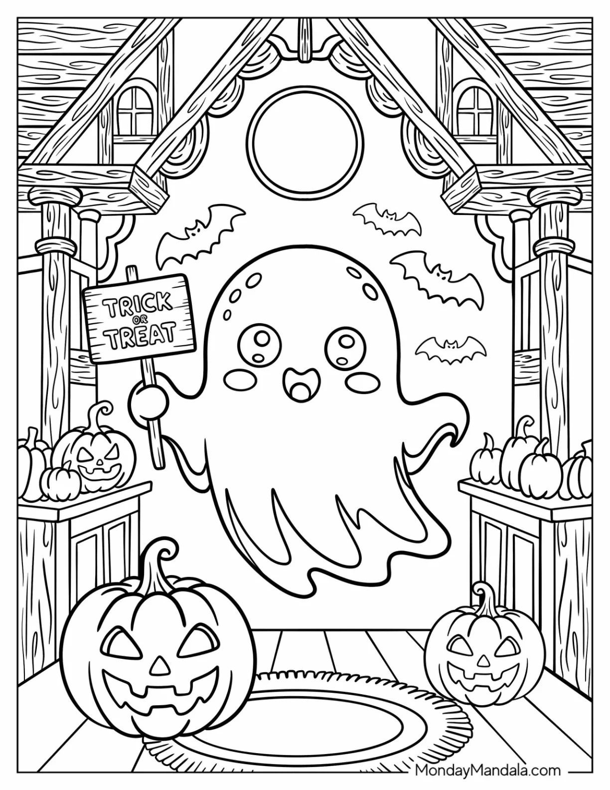 Adorable Ghost Holding Up Trick-Or-Treat Coloring Page of Sign on Halloween For Kids coloring page