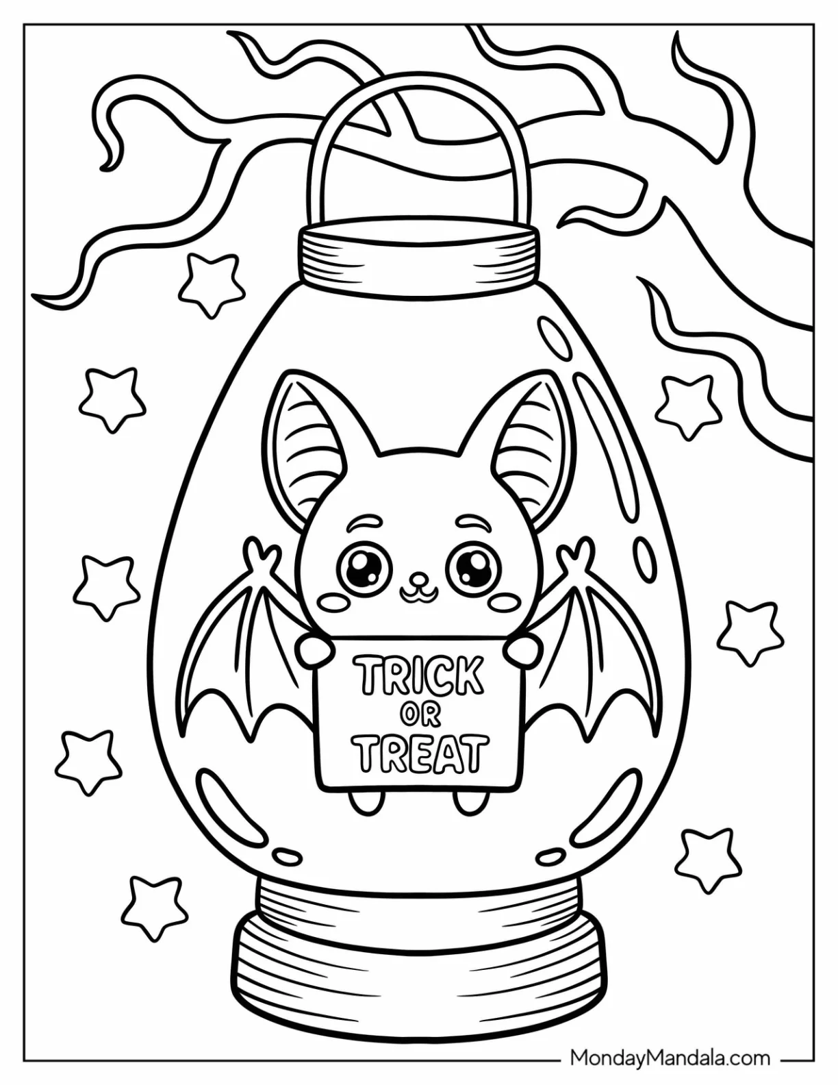 Bat With Trick or Treat Coloring Page Sign in Spooky Lantern Surrounded by Stars coloring page