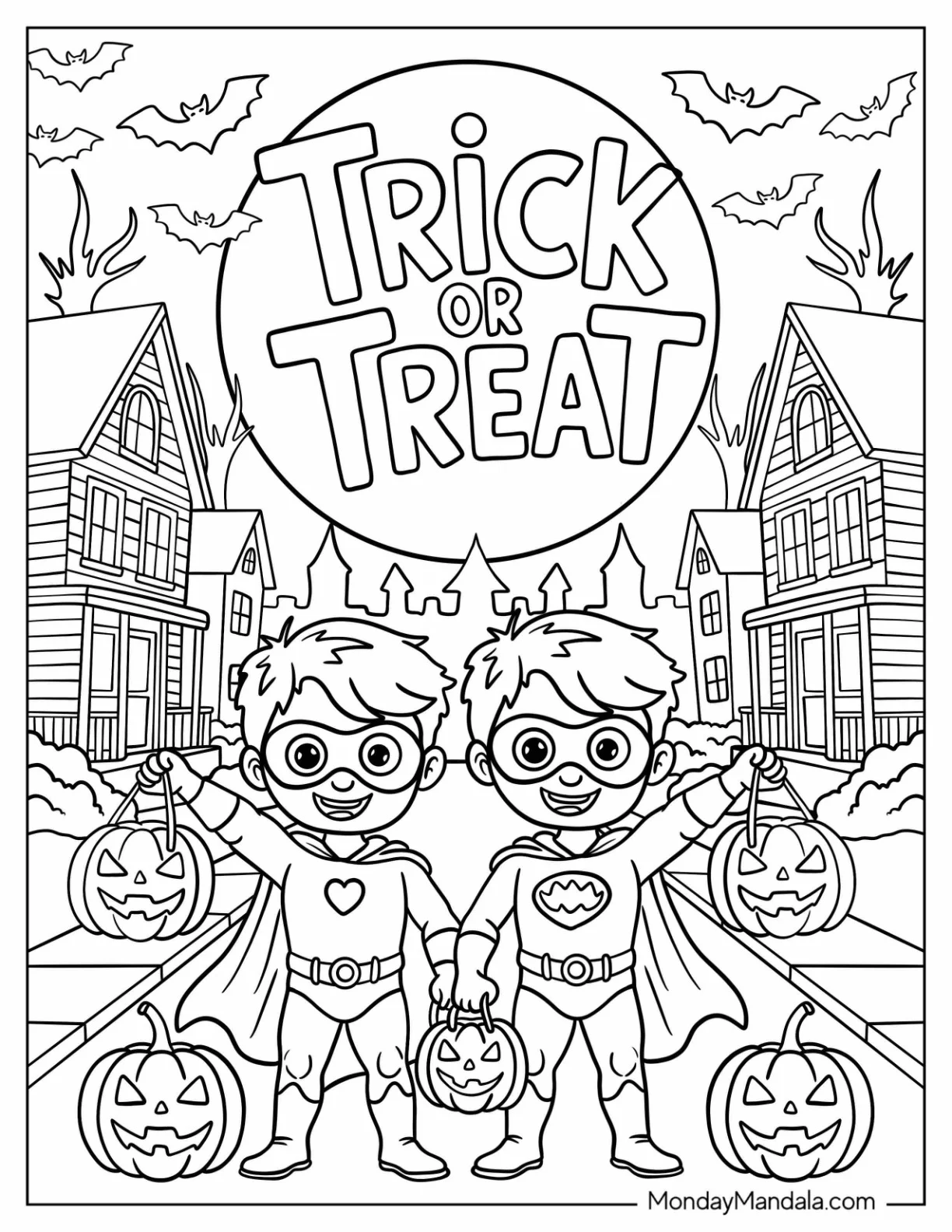 Boys Dressed as Superheroes Trick-Or-Treat Coloring Page For Kids coloring page