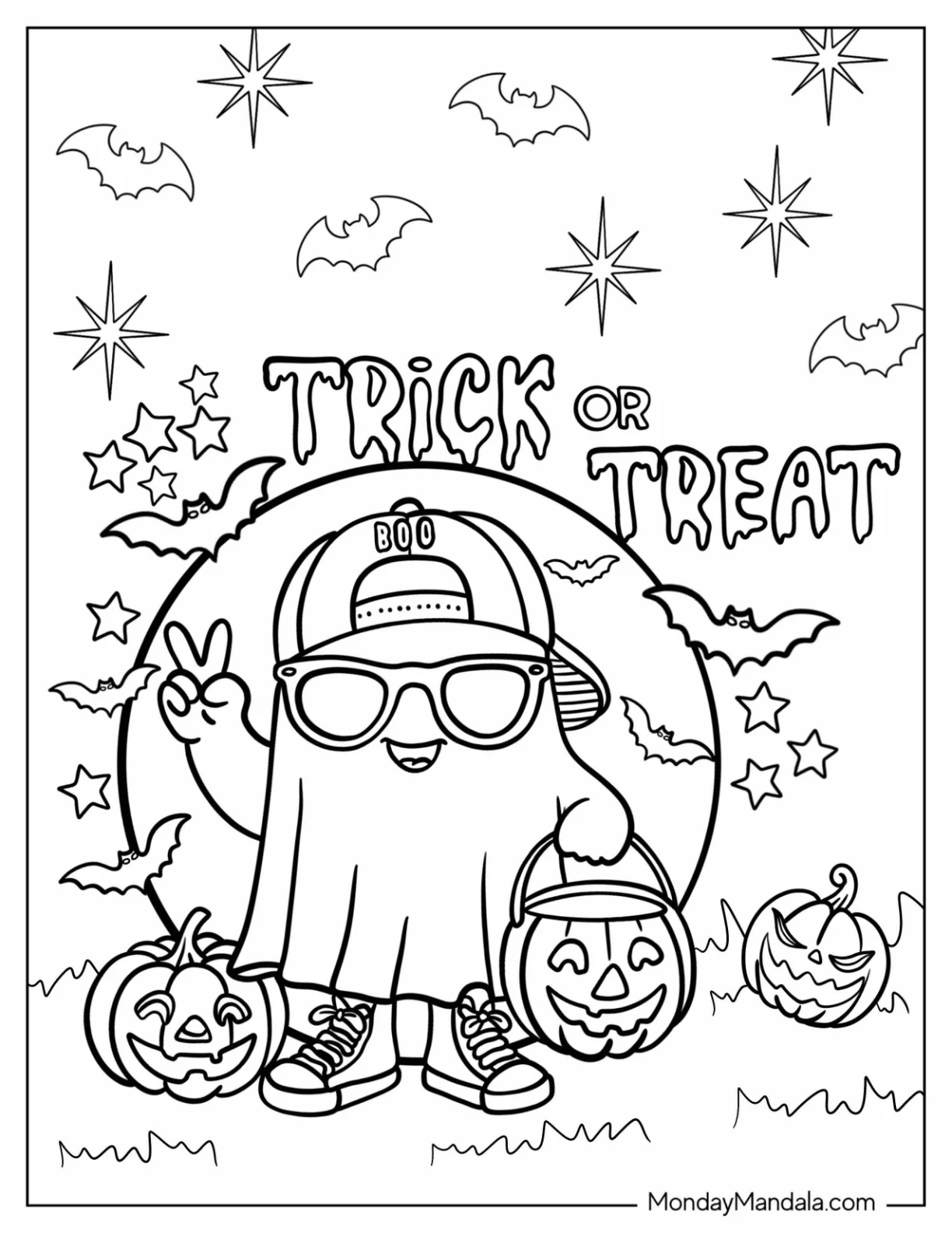 Cool Ghost Boy Holding Trick Or Treat Coloring Page Bucket For Kids coloring page