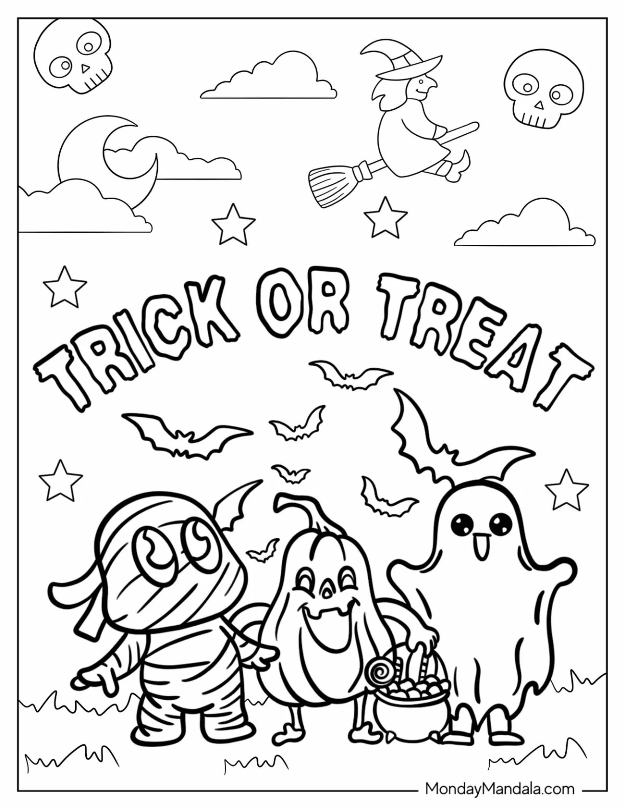 Cute Kids In Halloween Costumes With Bats Trick Or Treat Coloring Page For Kids coloring page