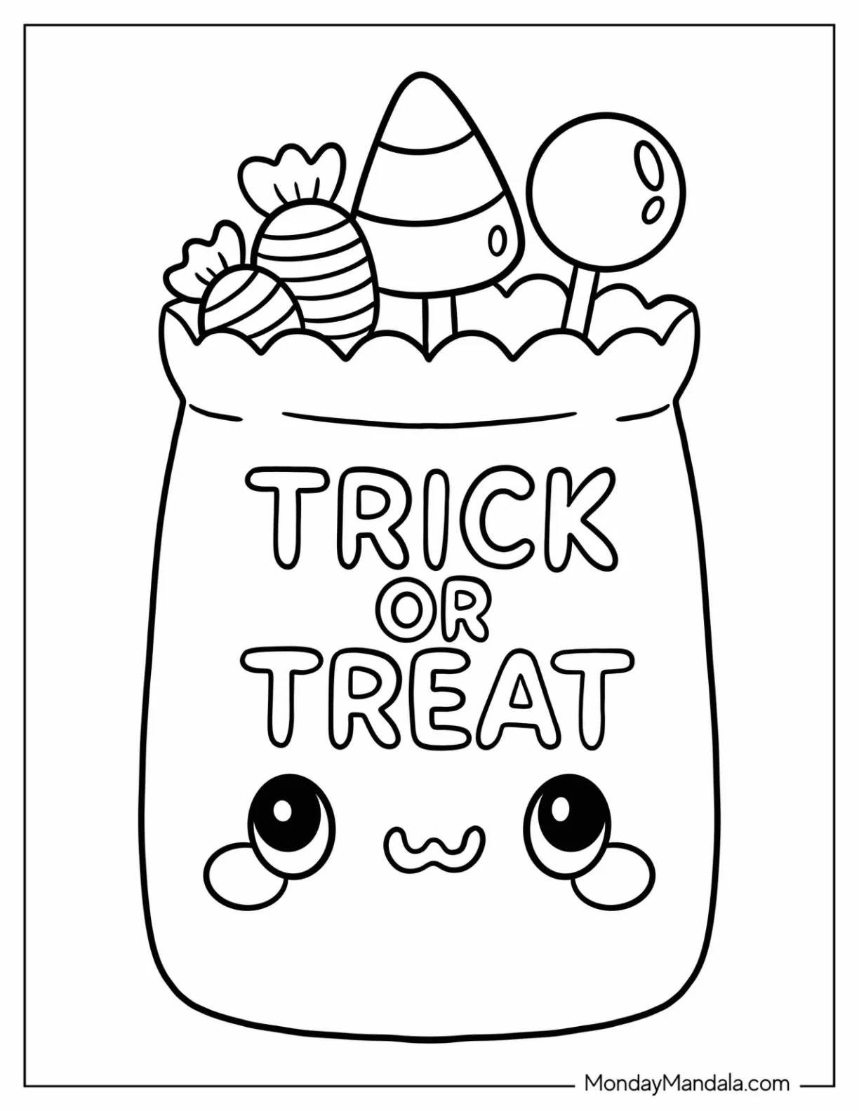 Easy Trick-Or-Treat Coloring Page of Bag With Candies For Kids coloring page