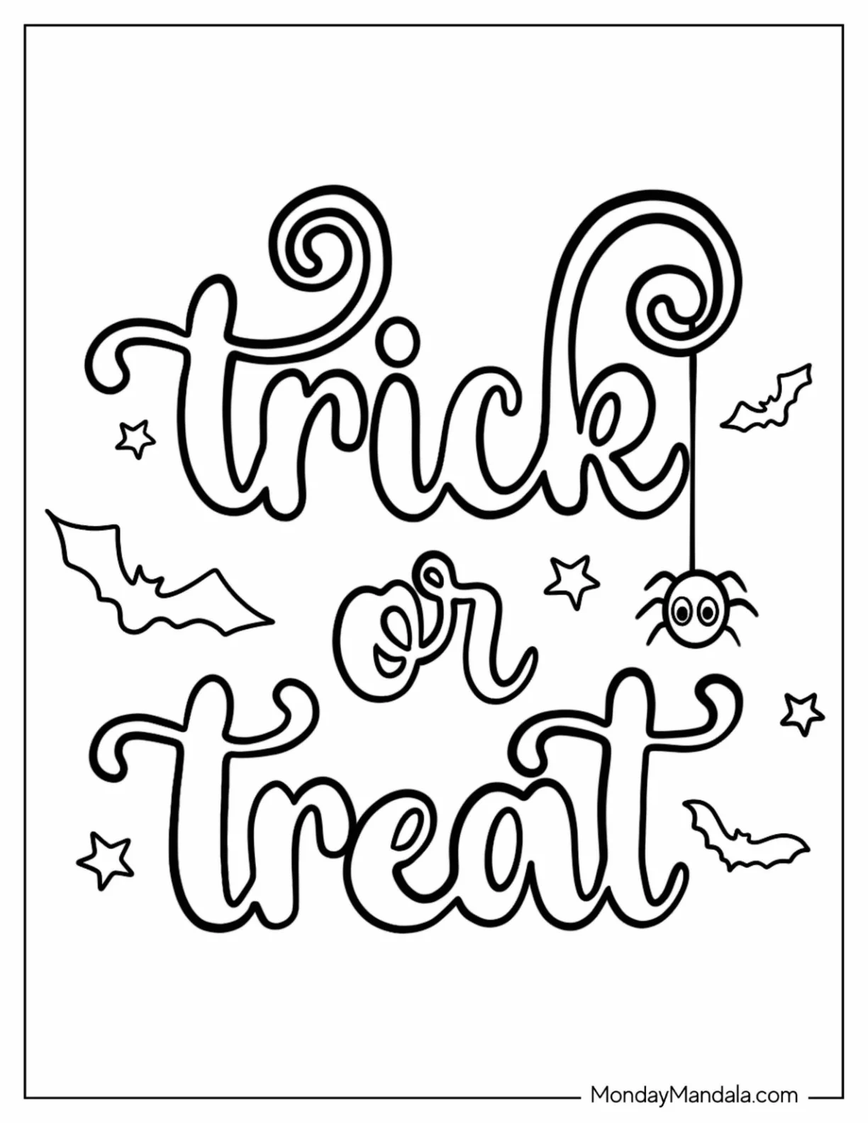 Easy Trick Or Treat Coloring Page Words With Spider And Bats For Preschoolers coloring page