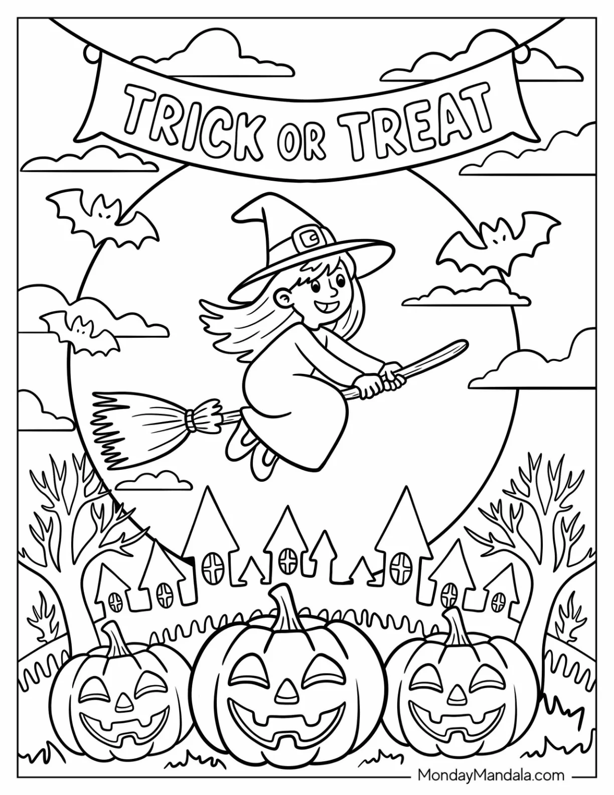 Flying Witch With Trick-Or-Treat Coloring Page of Banner, Jack o  Lanterns, and Bats coloring page