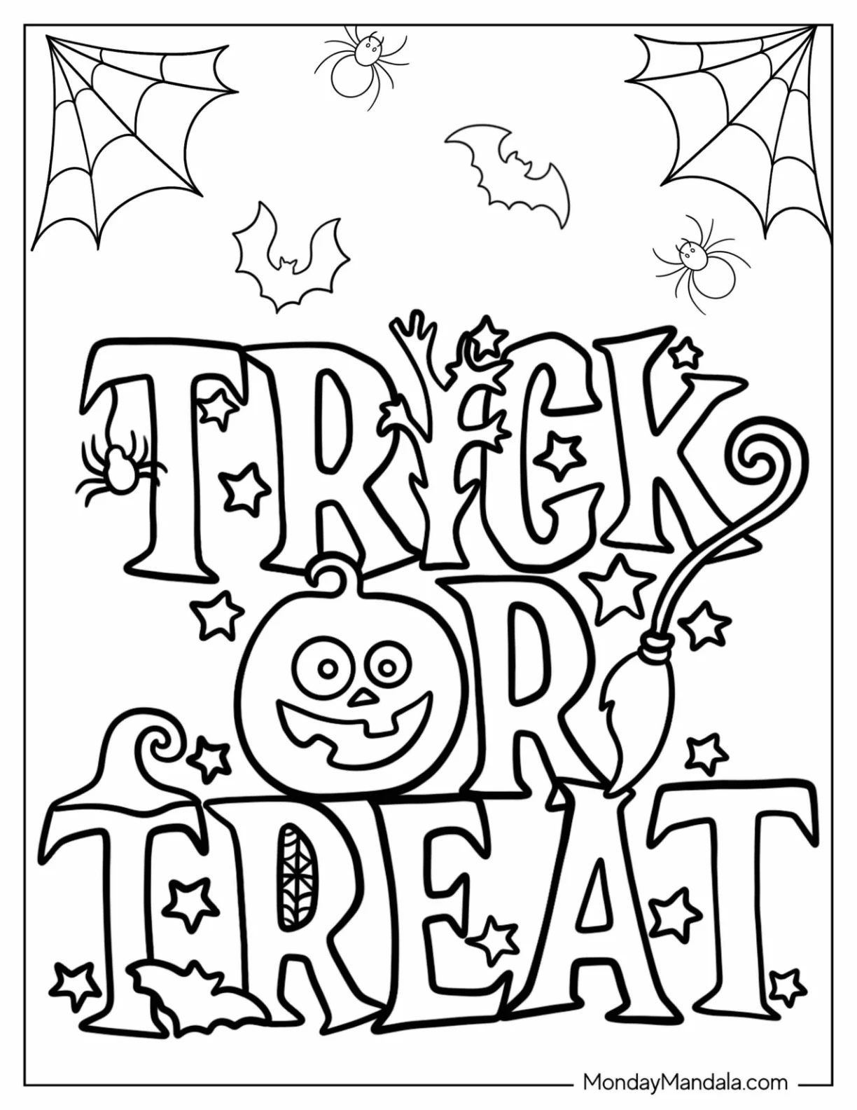 Fun Trick Or Treat Coloring Page Words With Pumpkin And Spiders For Kids coloring page